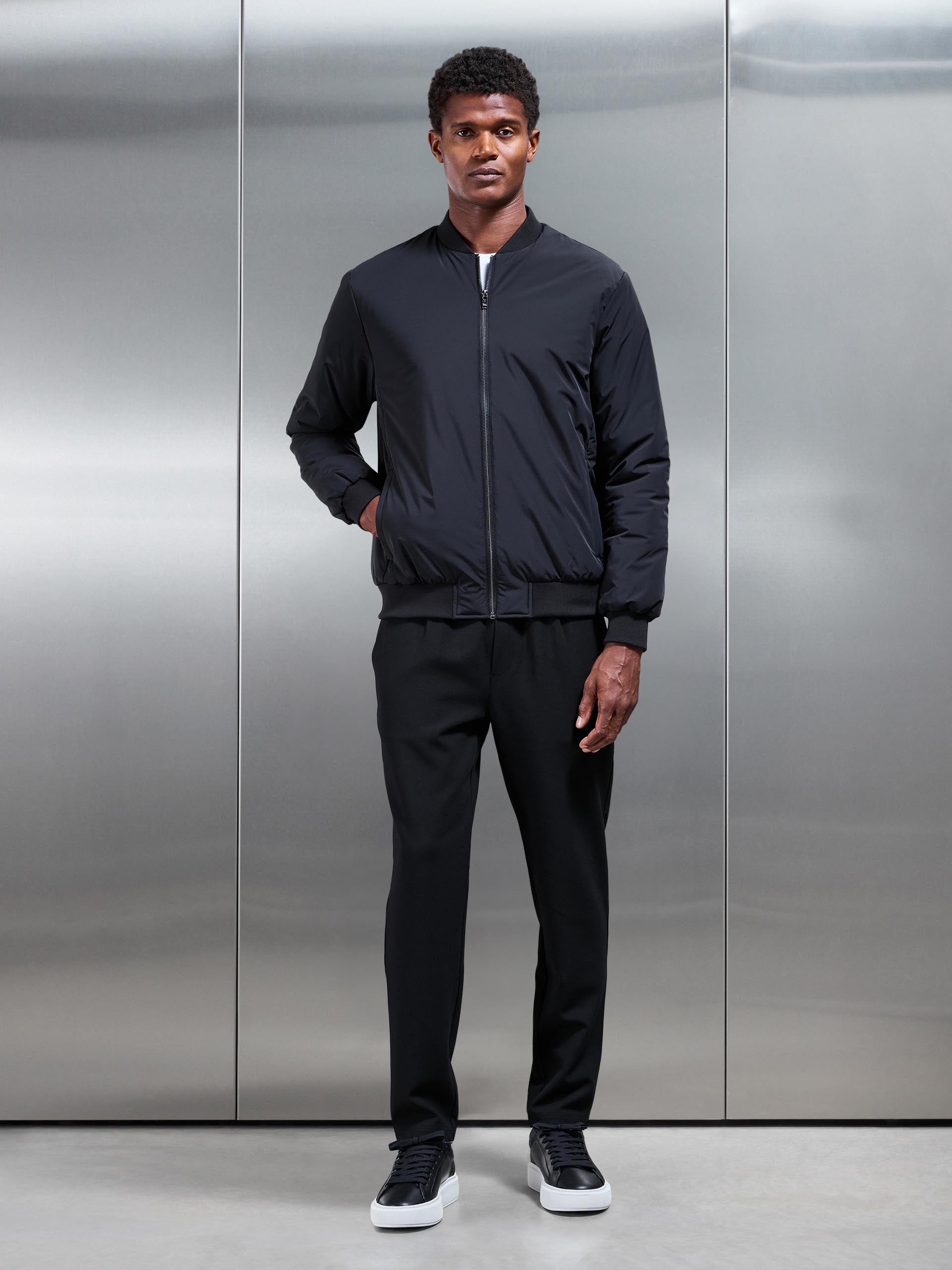 Nylon Padded Bomber Jacket in Black