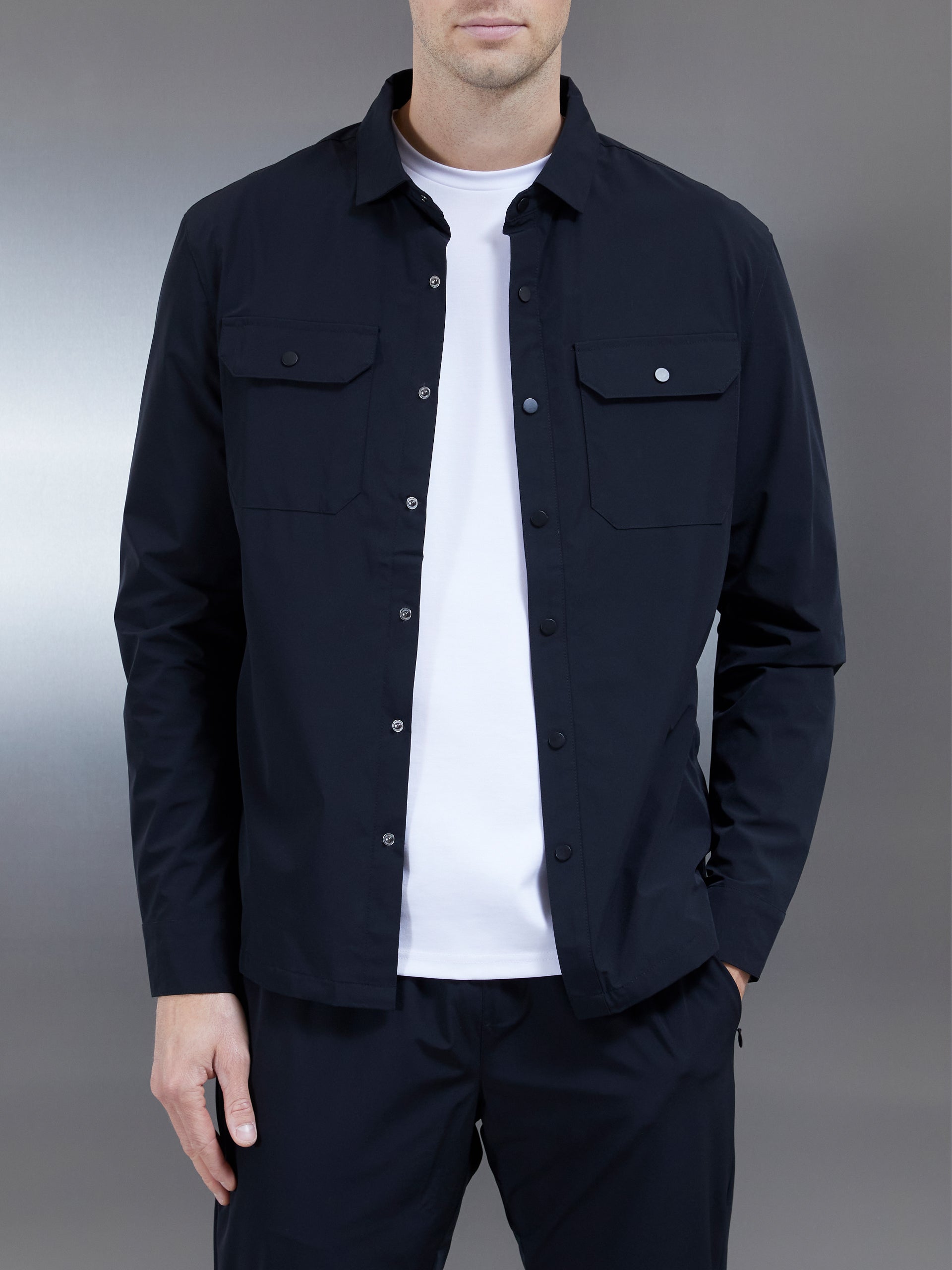 Nylon Popper Overshirt in Black