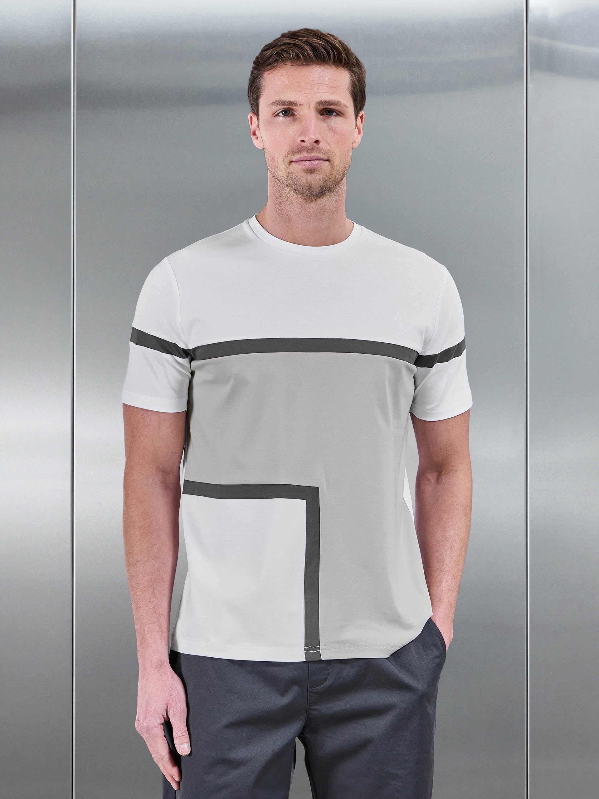 Oden Mercerised Colour Block T-Shirt in Mid Grey