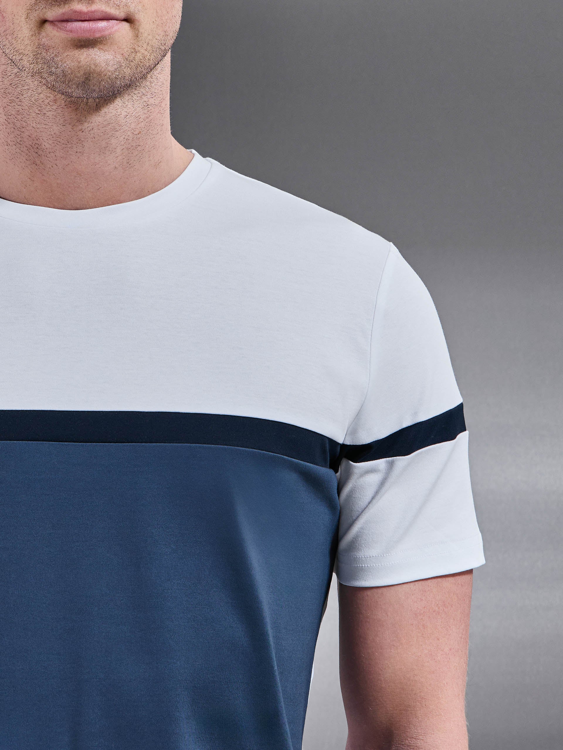 Oden Mercerised Colour Block T-Shirt in Steel Blue