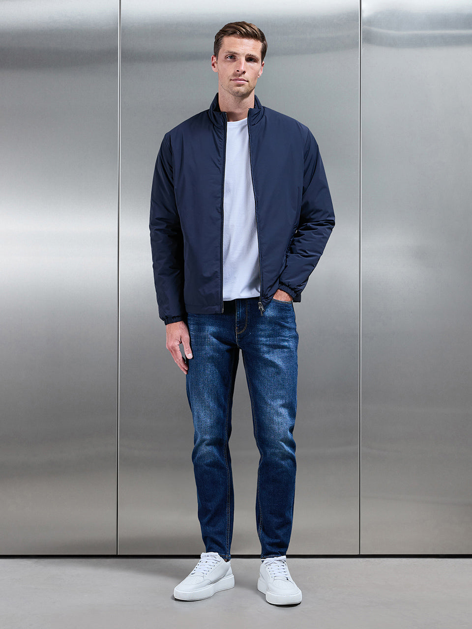 Padded Shell Zip Through Jacket In Navy