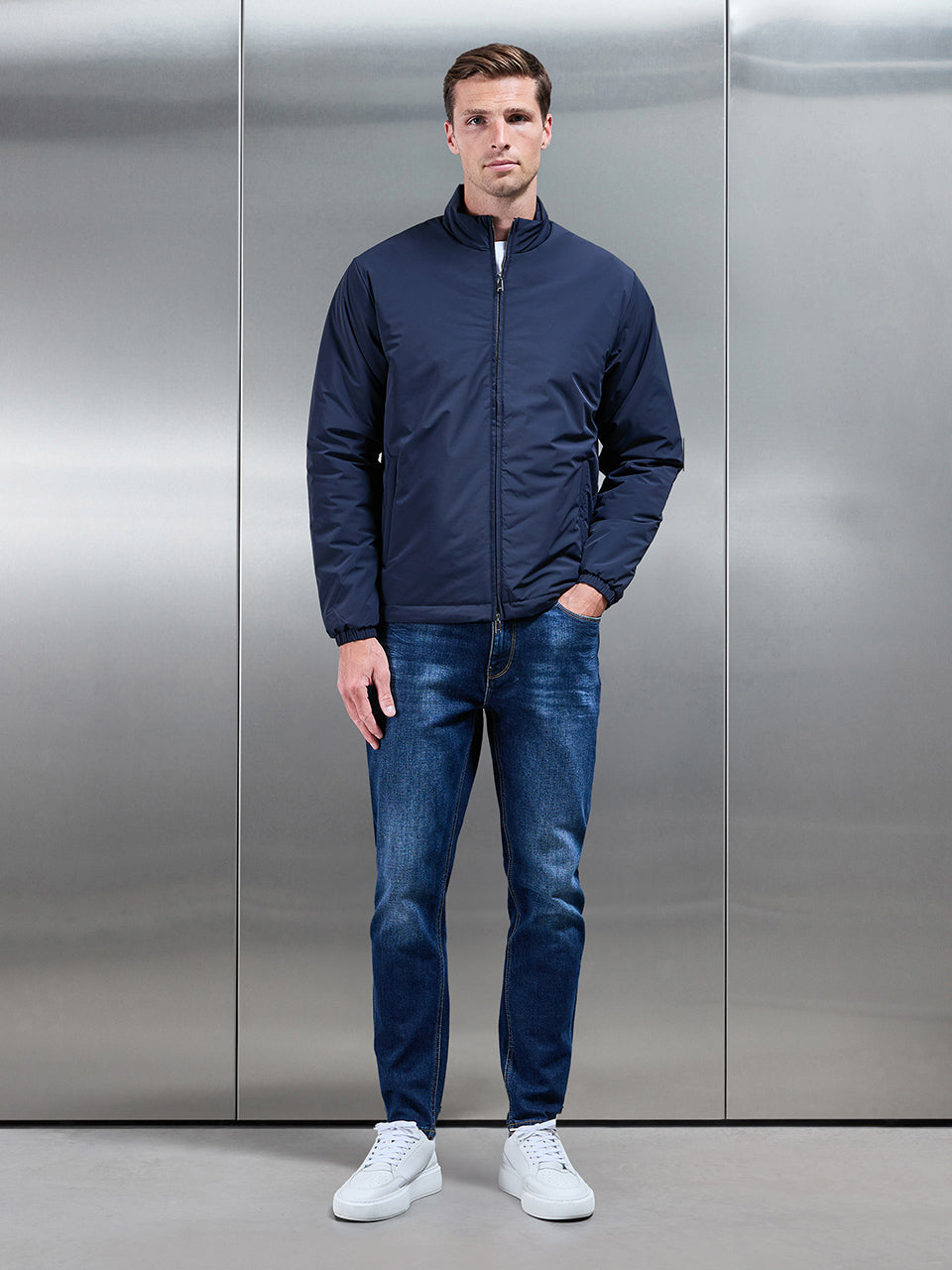 Padded Shell Zip Through Jacket In Navy