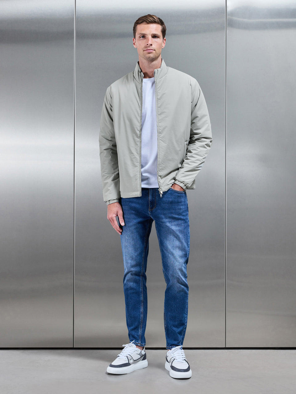 Padded Shell Zip Through Jacket in Stone