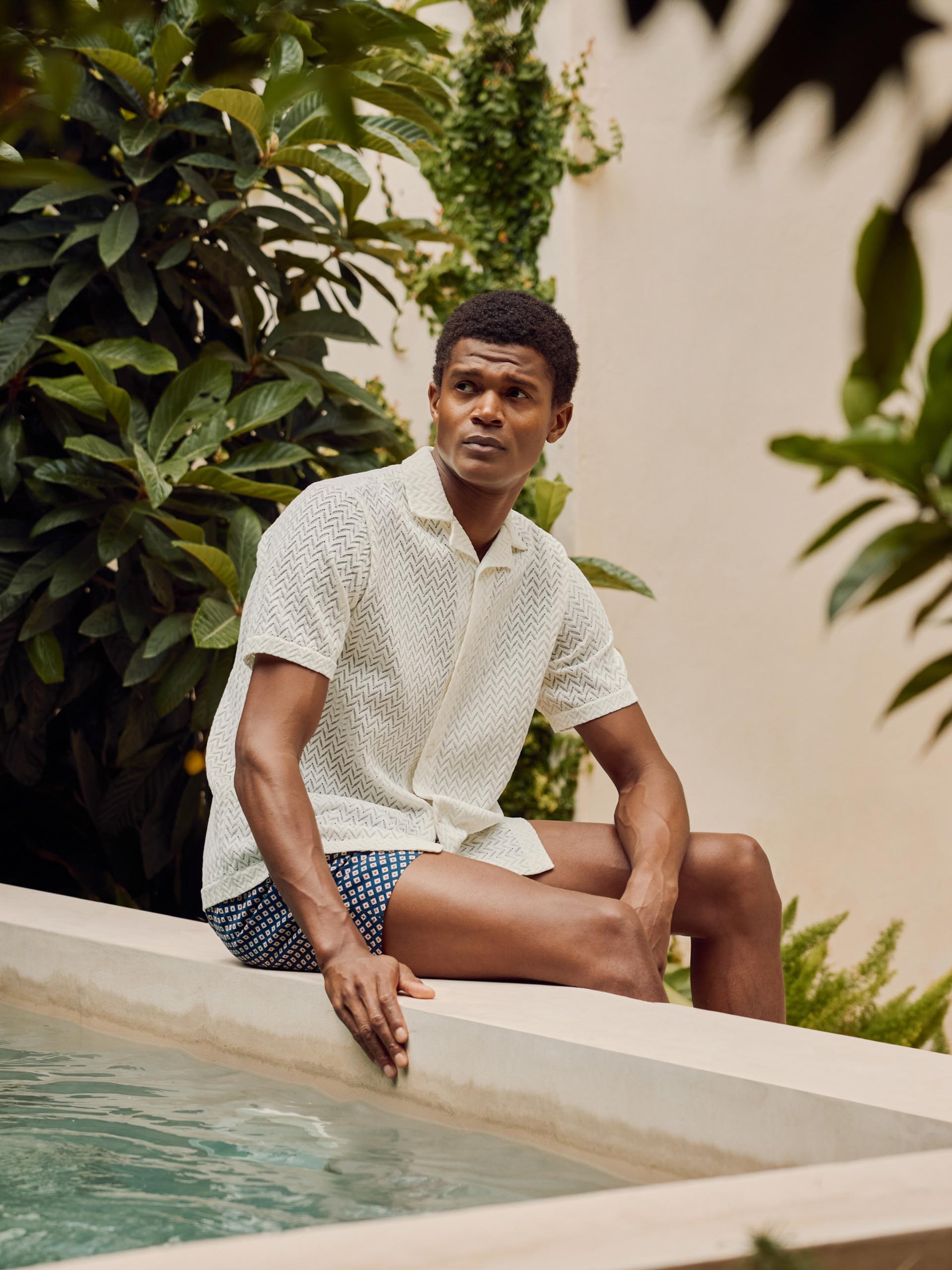 Palma Print Drawstring Swim Short in Navy