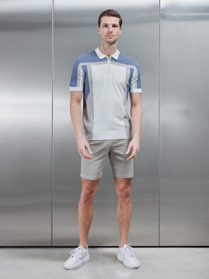 Panel Colour Block Knitted Zip Polo Shirt in Dove Blue