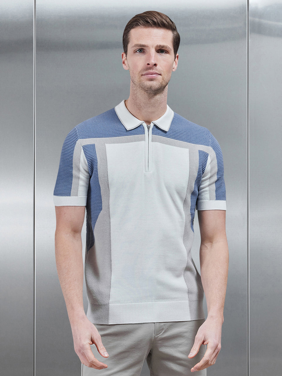 Panel Colour Block Knitted Zip Polo Shirt in Dove Blue