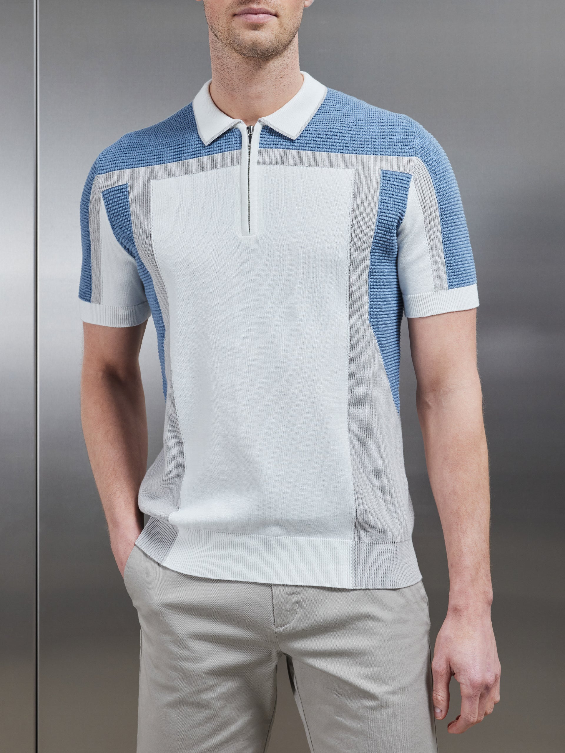 Panel Colour Block Knitted Zip Polo Shirt in Dove Blue