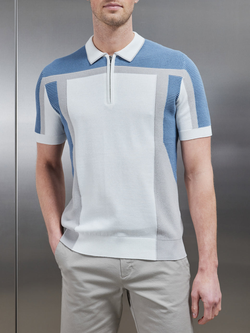 Panel Colour Block Knitted Zip Polo Shirt in Dove Blue