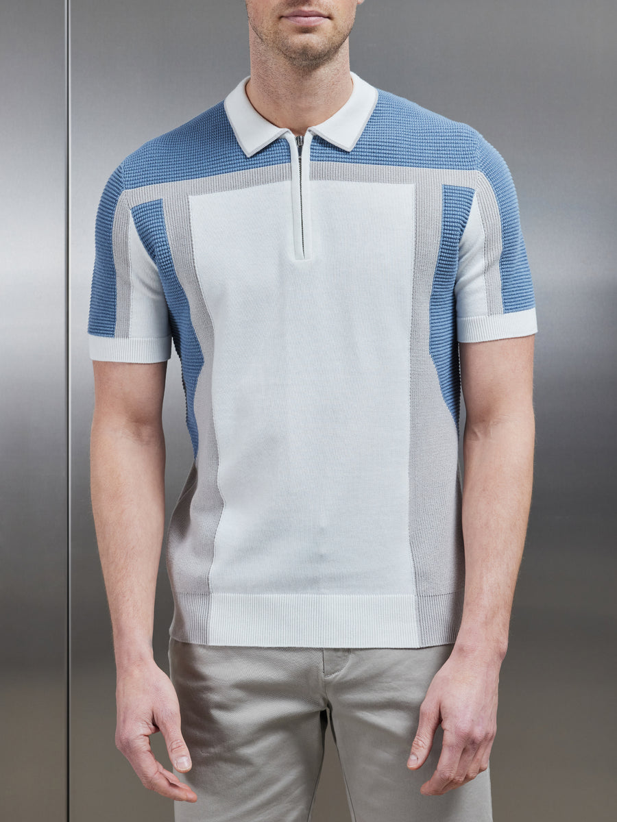 Panel Colour Block Knitted Zip Polo Shirt in Dove Blue