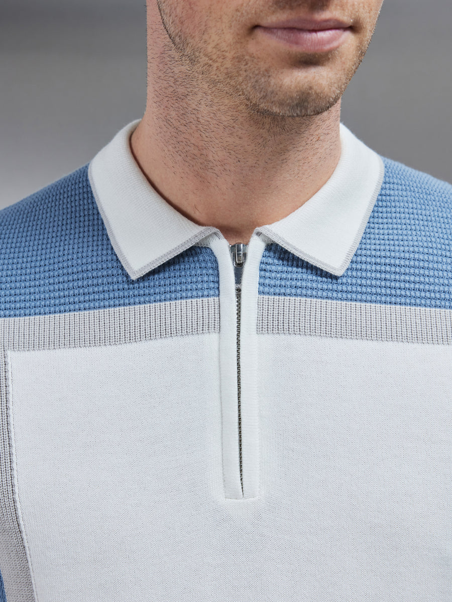 Panel Colour Block Knitted Zip Polo Shirt in Dove Blue
