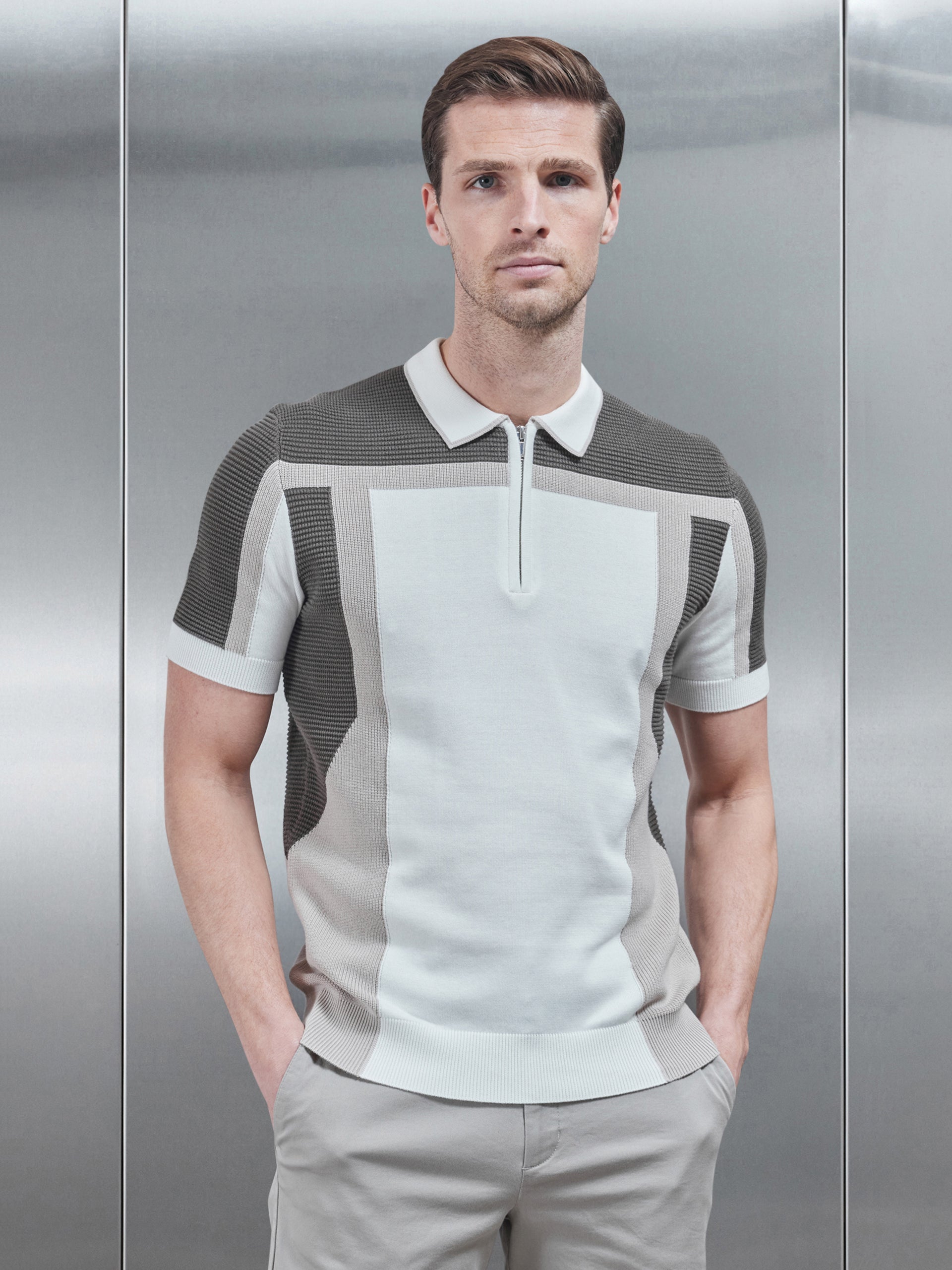 Panel Colour Block Knitted Zip Polo Shirt in Taupe