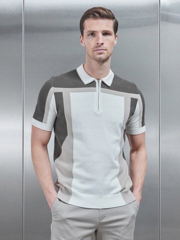 Panel Colour Block Knitted Zip Polo Shirt in Taupe
