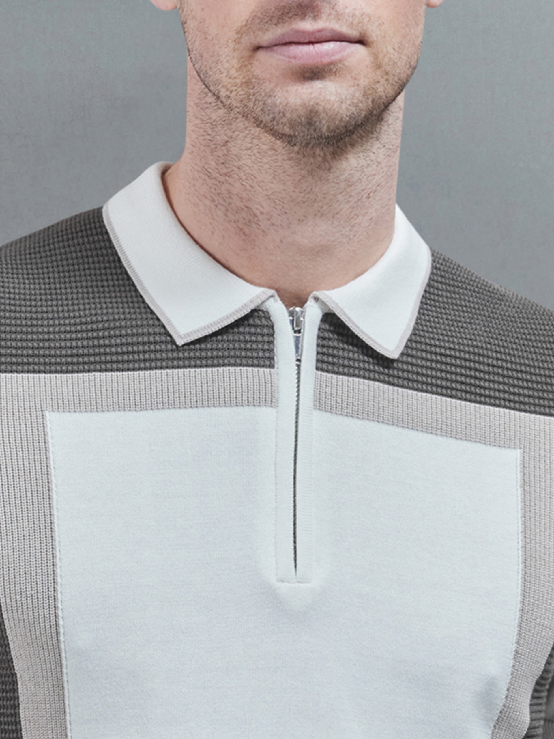 Panel Colour Block Knitted Zip Polo Shirt in Taupe