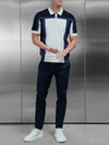 Panel Colour Block Knitted Zip Polo Shirt in Navy