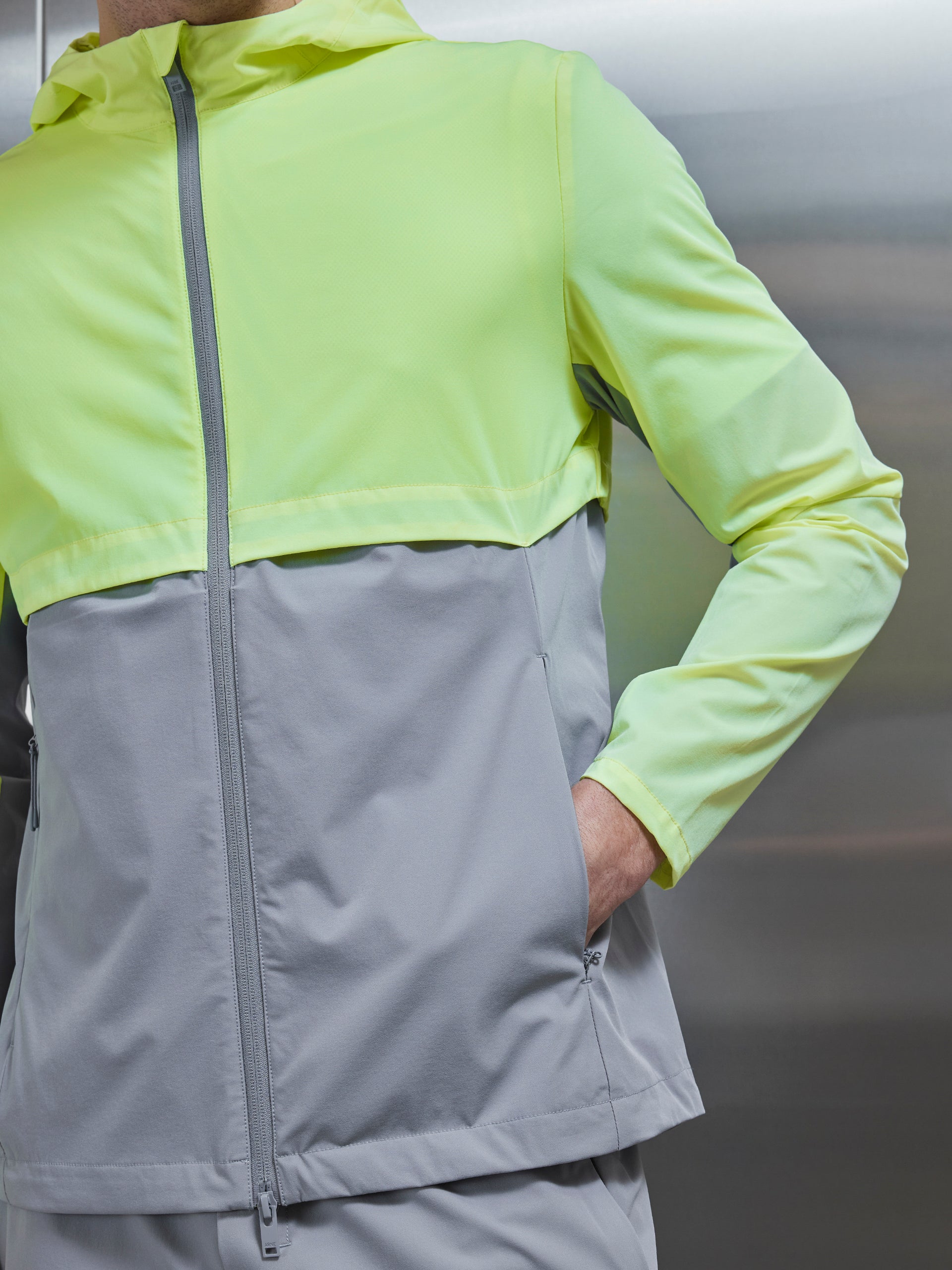 Performance Colour Block Windbreaker in Neon Green Mid Grey ARNE