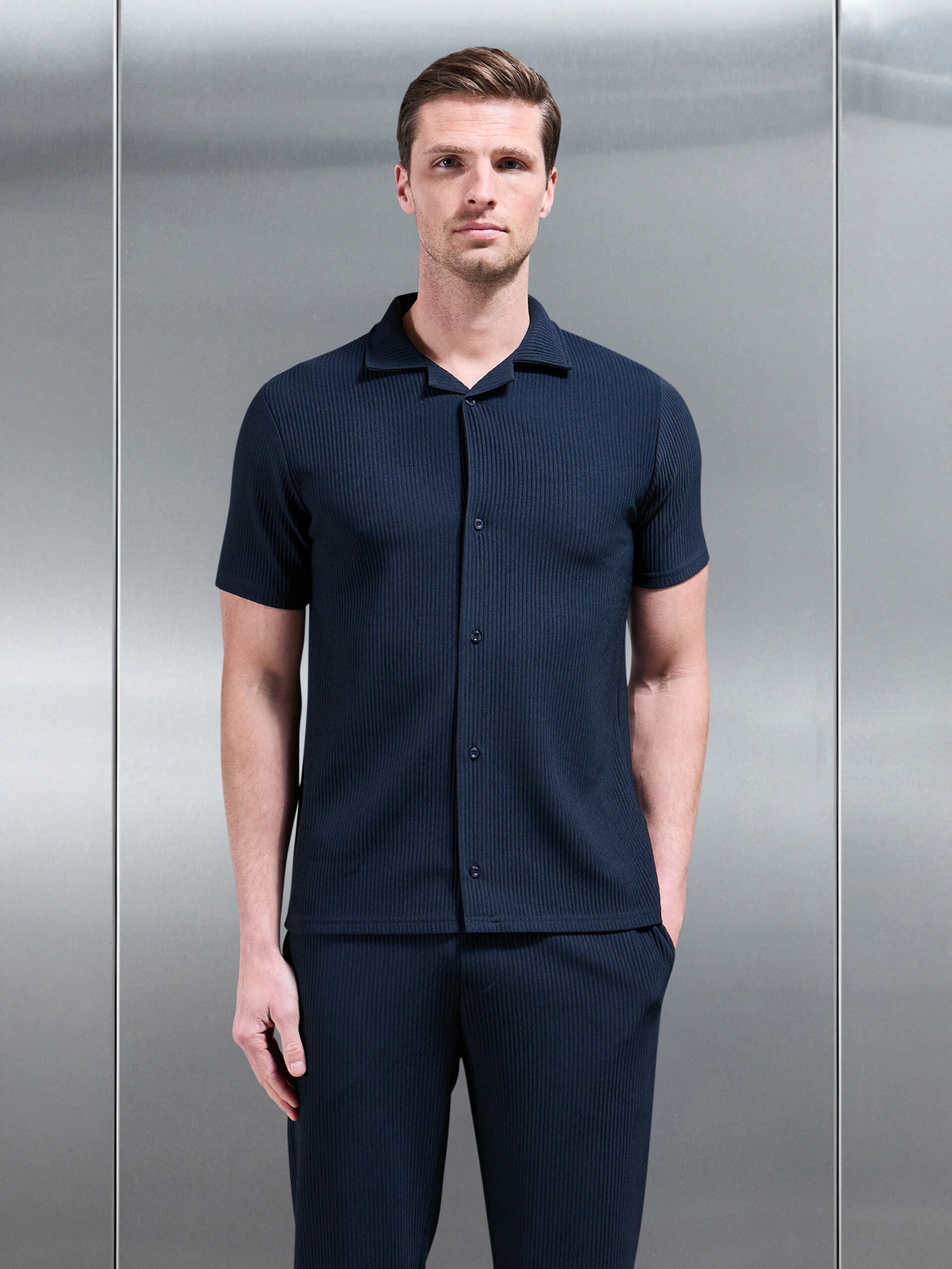 Pleated Revere Collar Shirt in Navy