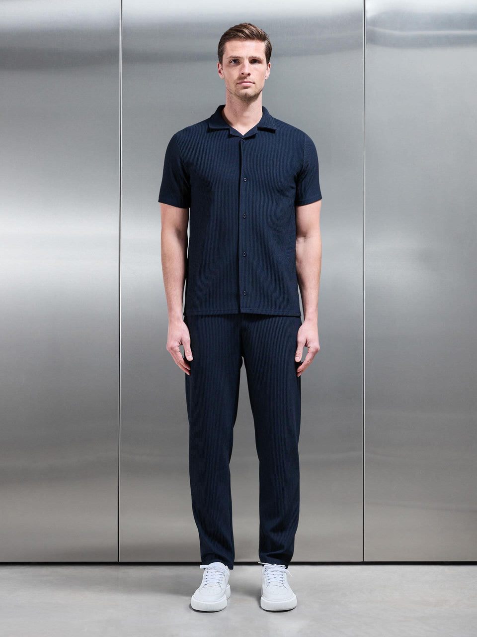 Pleated Revere Collar Shirt in Navy