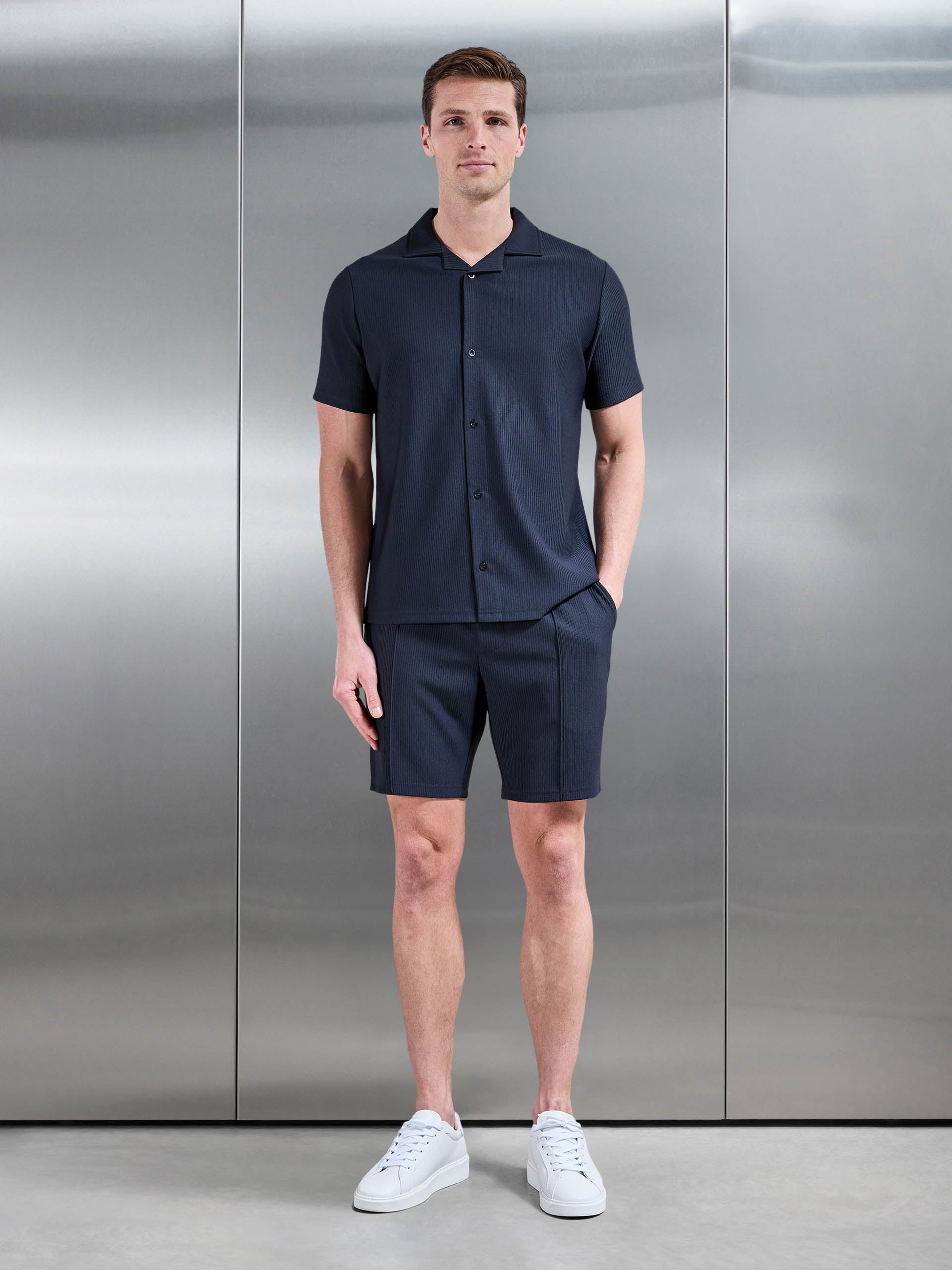 Pleated Revere Collar Shirt in Navy