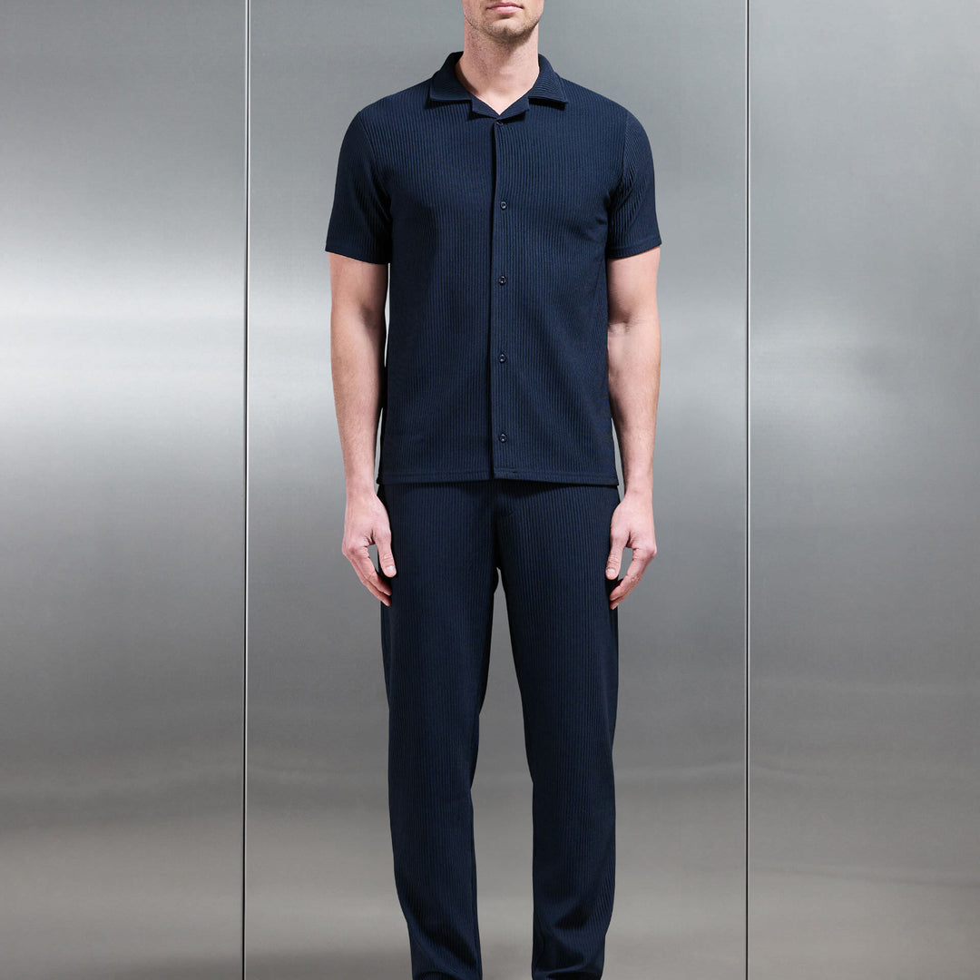 Pleated Revere Collar Shirt in Navy