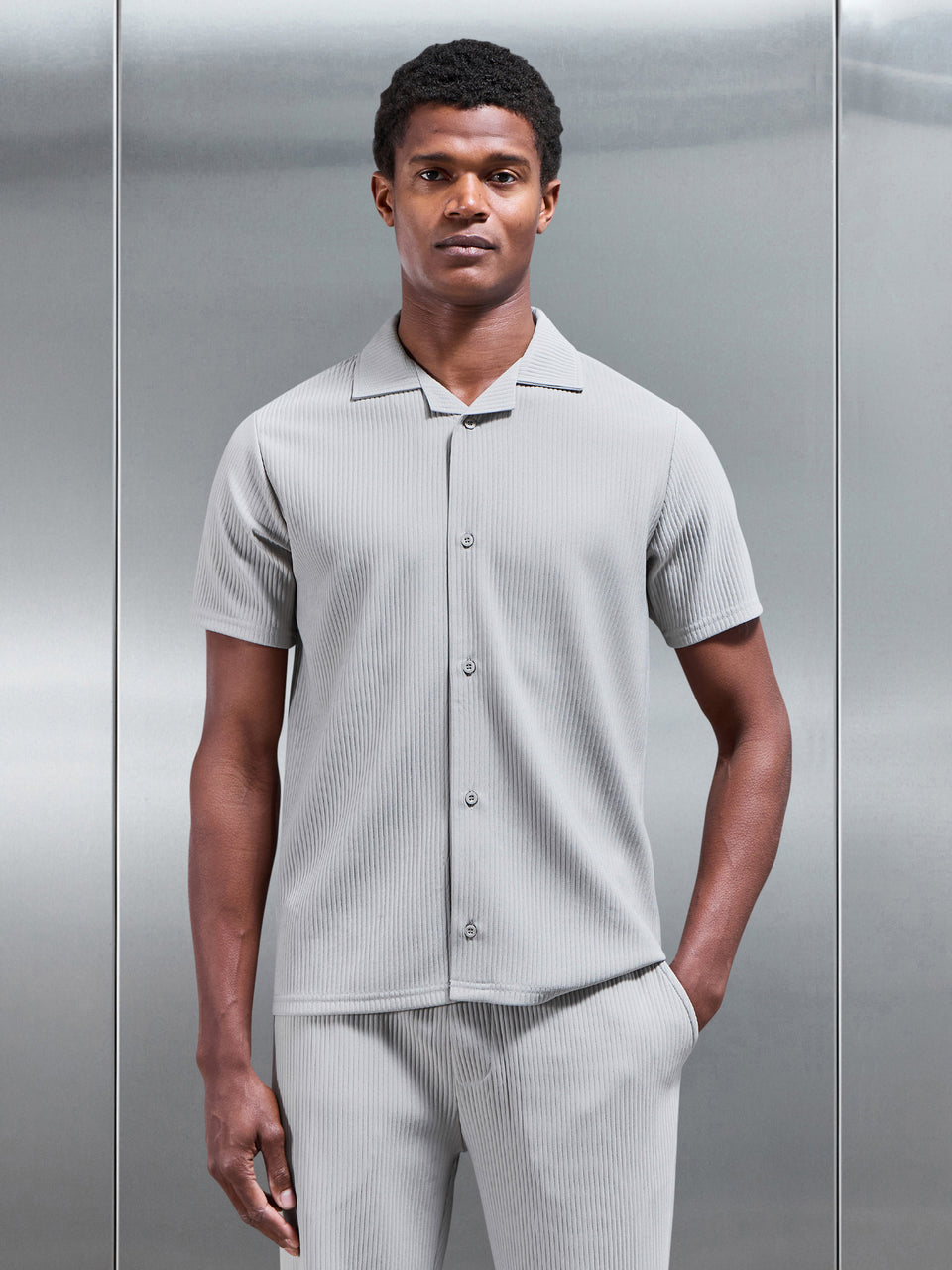 Pleated Revere Collar Shirt in Stone