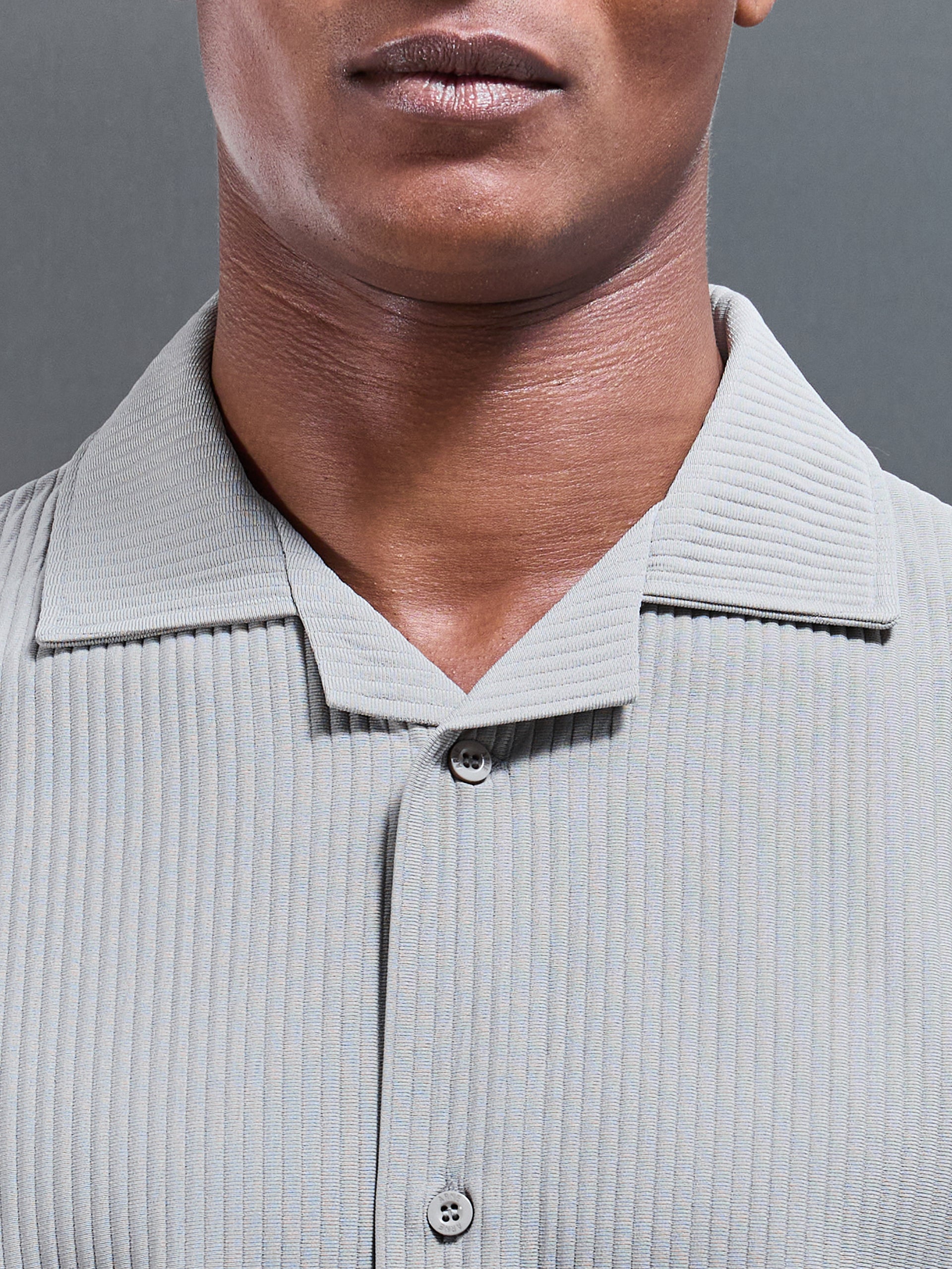 Pleated Revere Collar Shirt in Stone