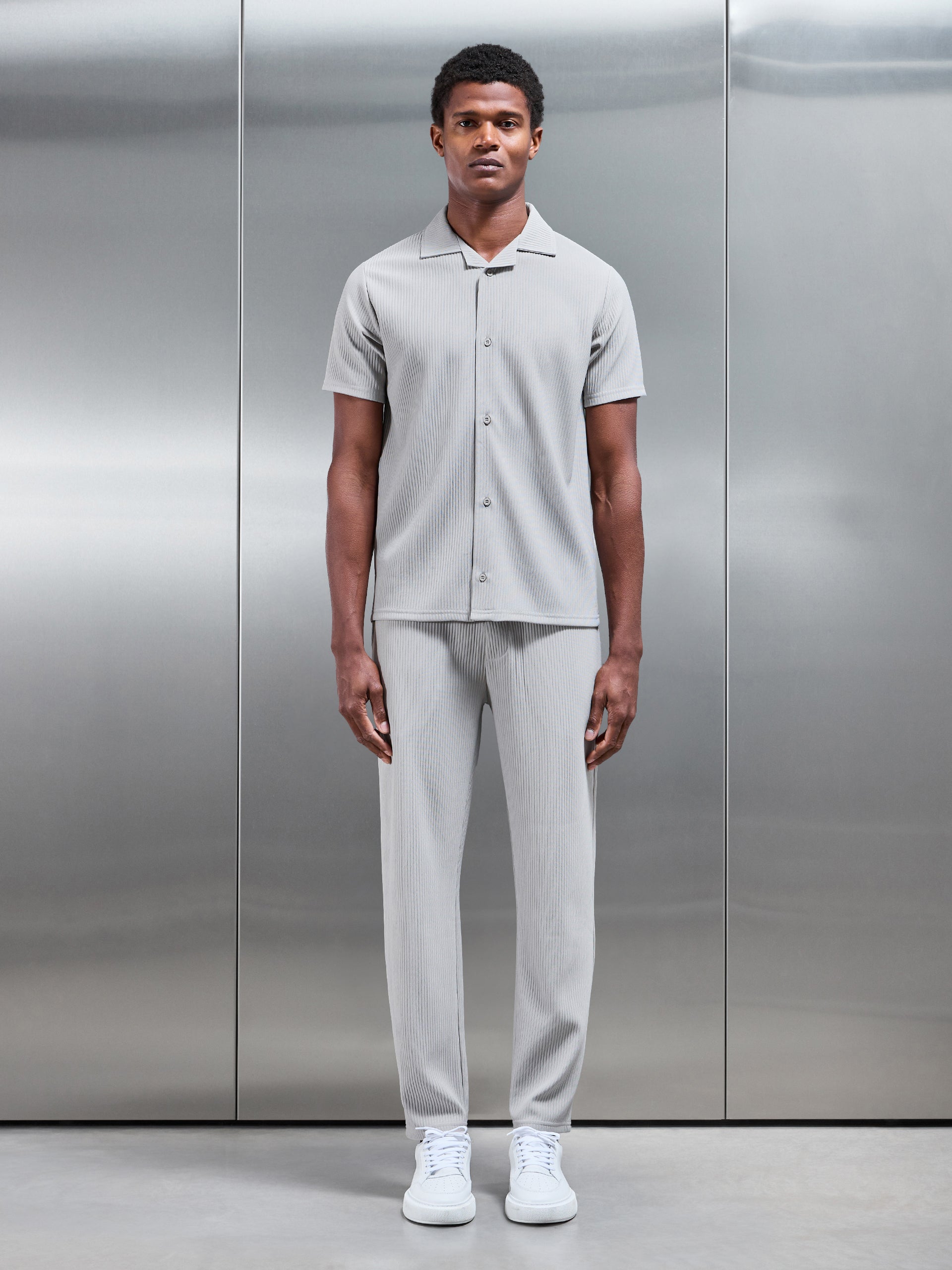 Pleated Revere Collar Shirt in Stone