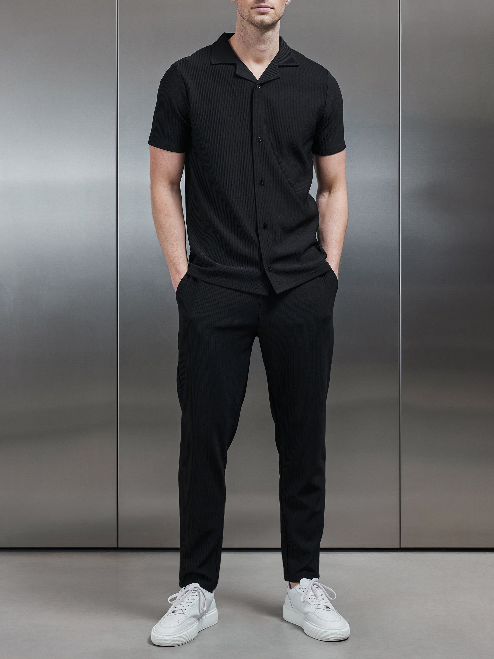 Pleated Revere Collar Shirt in Black