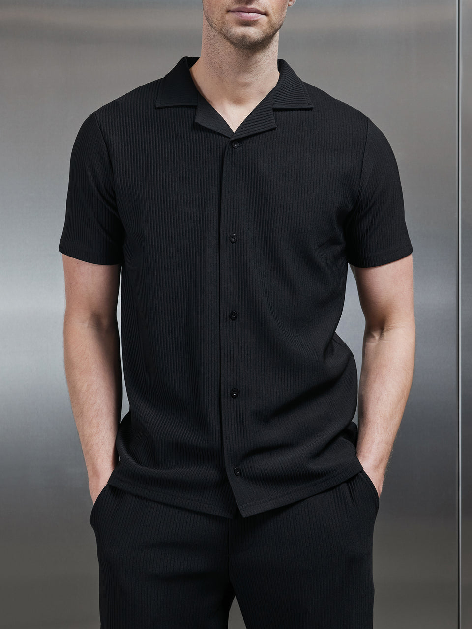 Pleated Revere Collar Shirt in Black