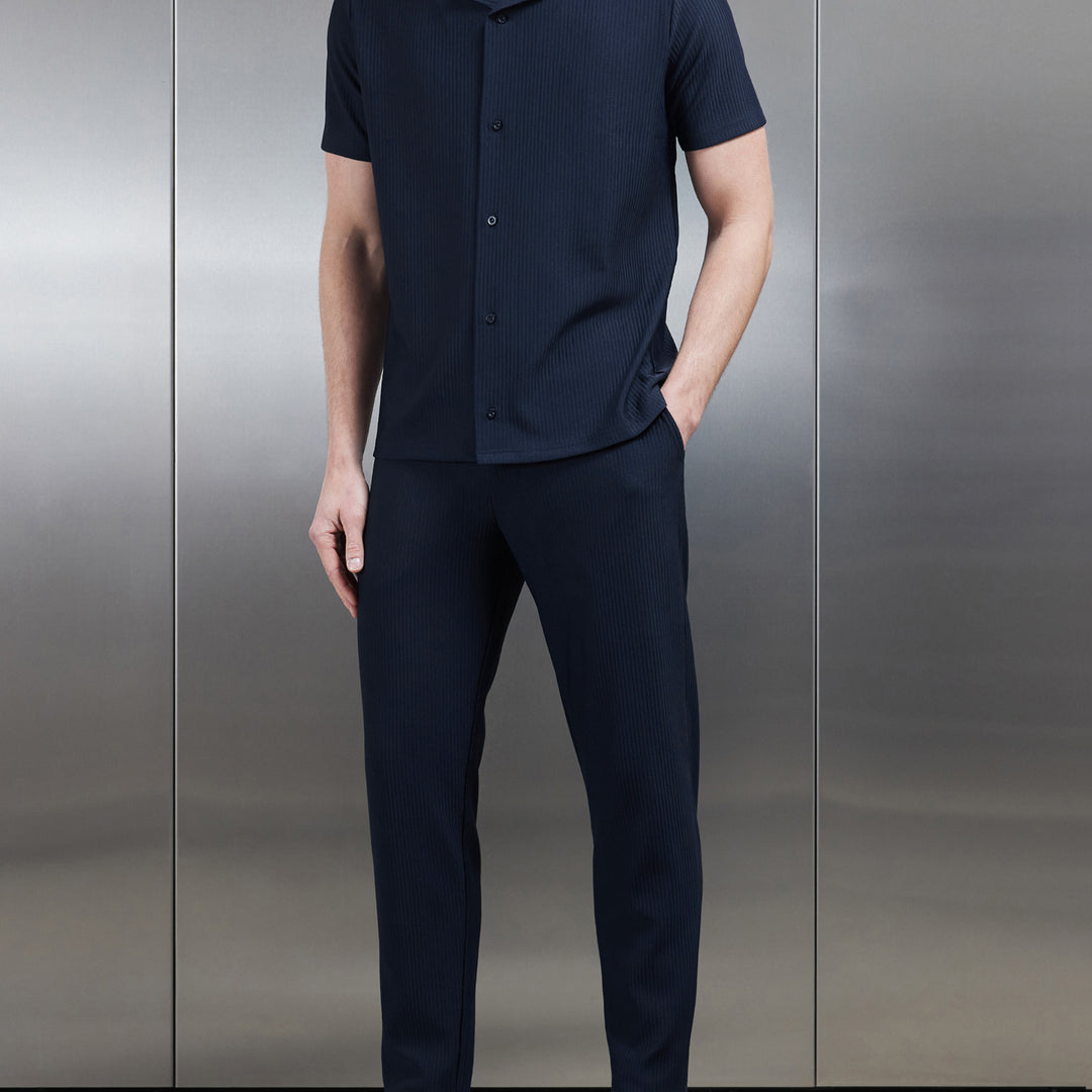 Pleated Revere Collar Shirt in Navy