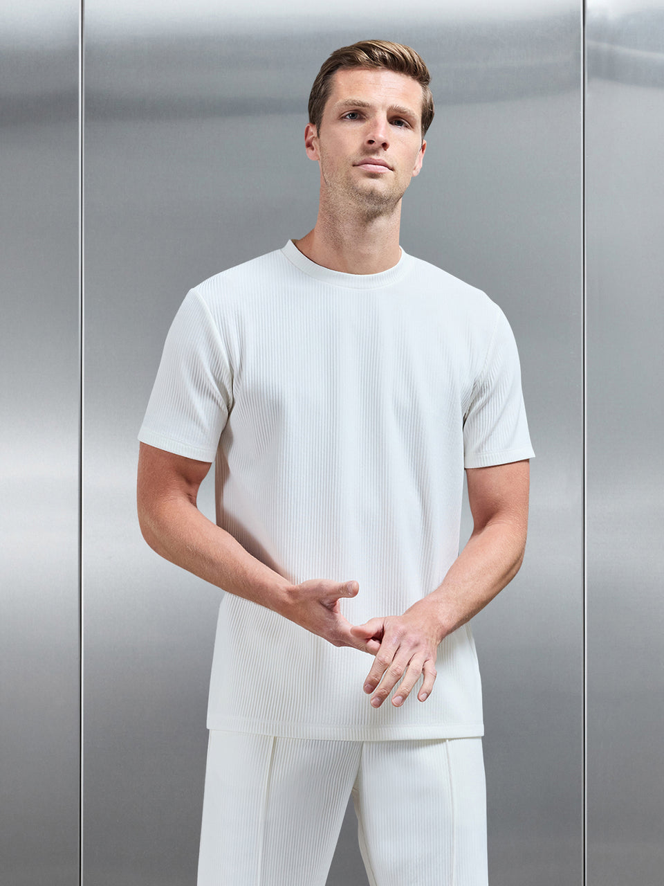 Pleated Textured T-Shirt in Ecru