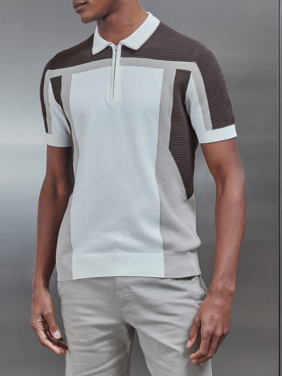 Panel Colour Block Knitted Zip Polo Shirt in Taupe
