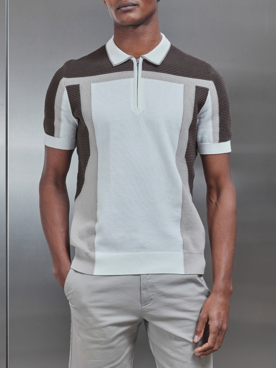 Panel Colour Block Knitted Zip Polo Shirt in Taupe