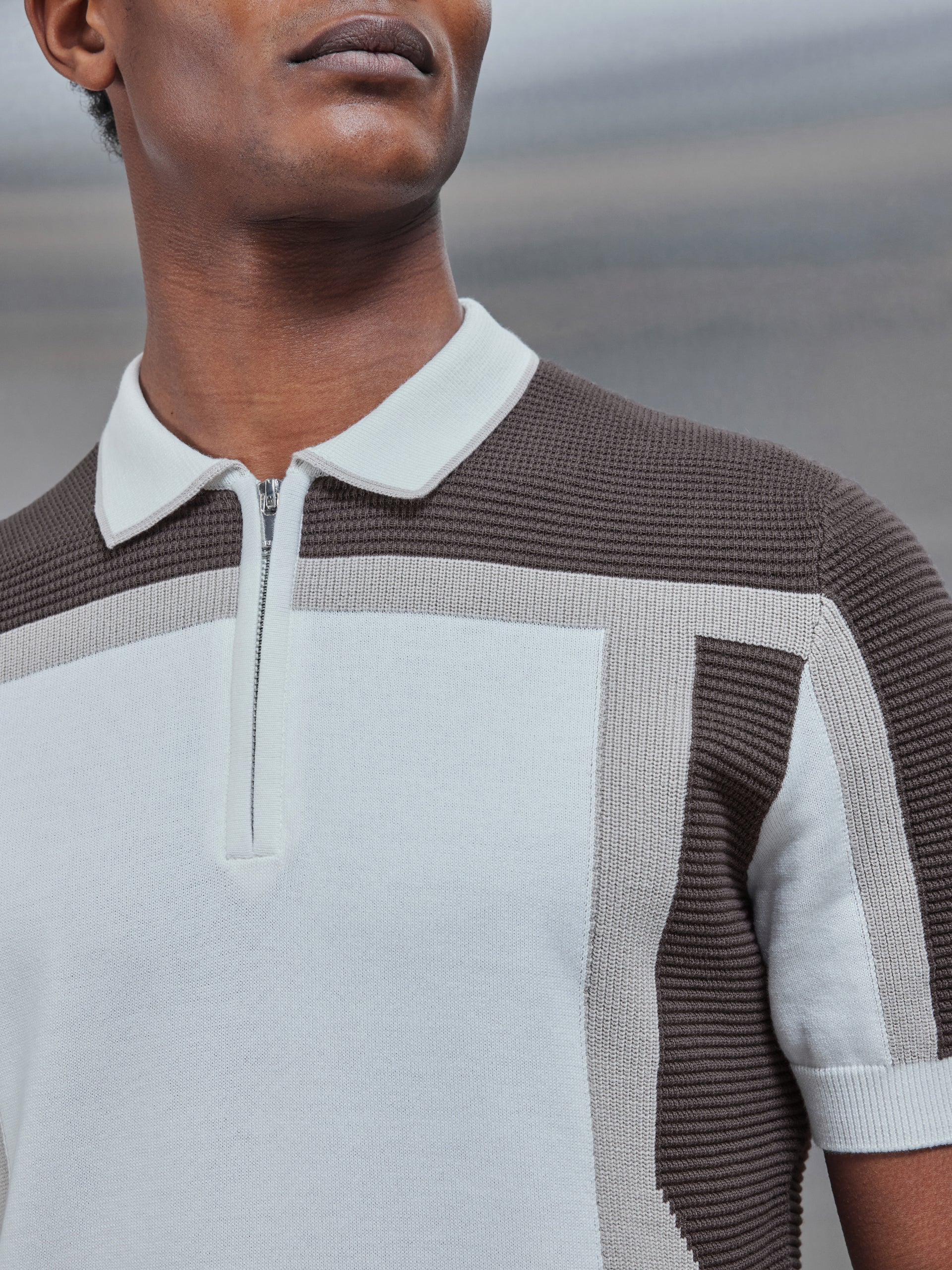 Panel Colour Block Knitted Zip Polo Shirt in Taupe