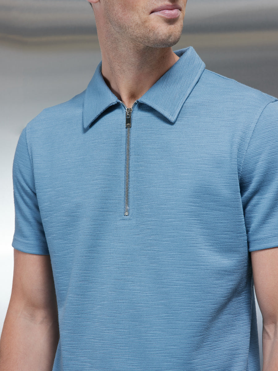 Quinta Textured Zip Polo Shirt in Aqua Blue