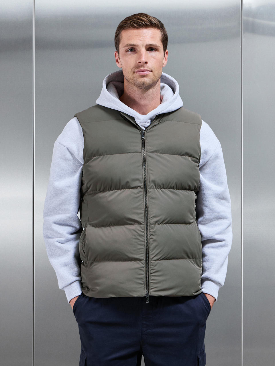 Quilted Bomber Gilet In Olive
