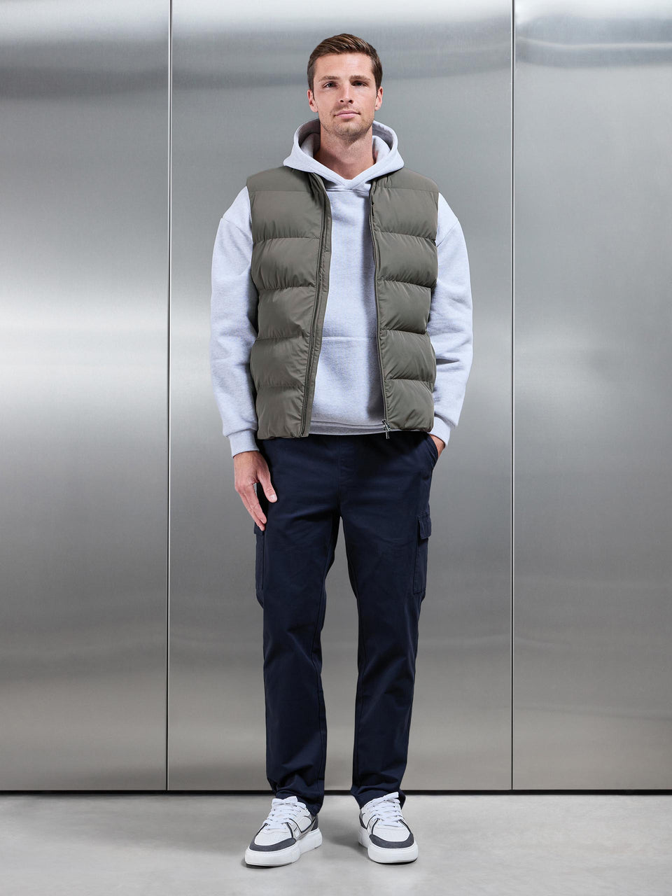 Quilted Bomber Gilet In Olive