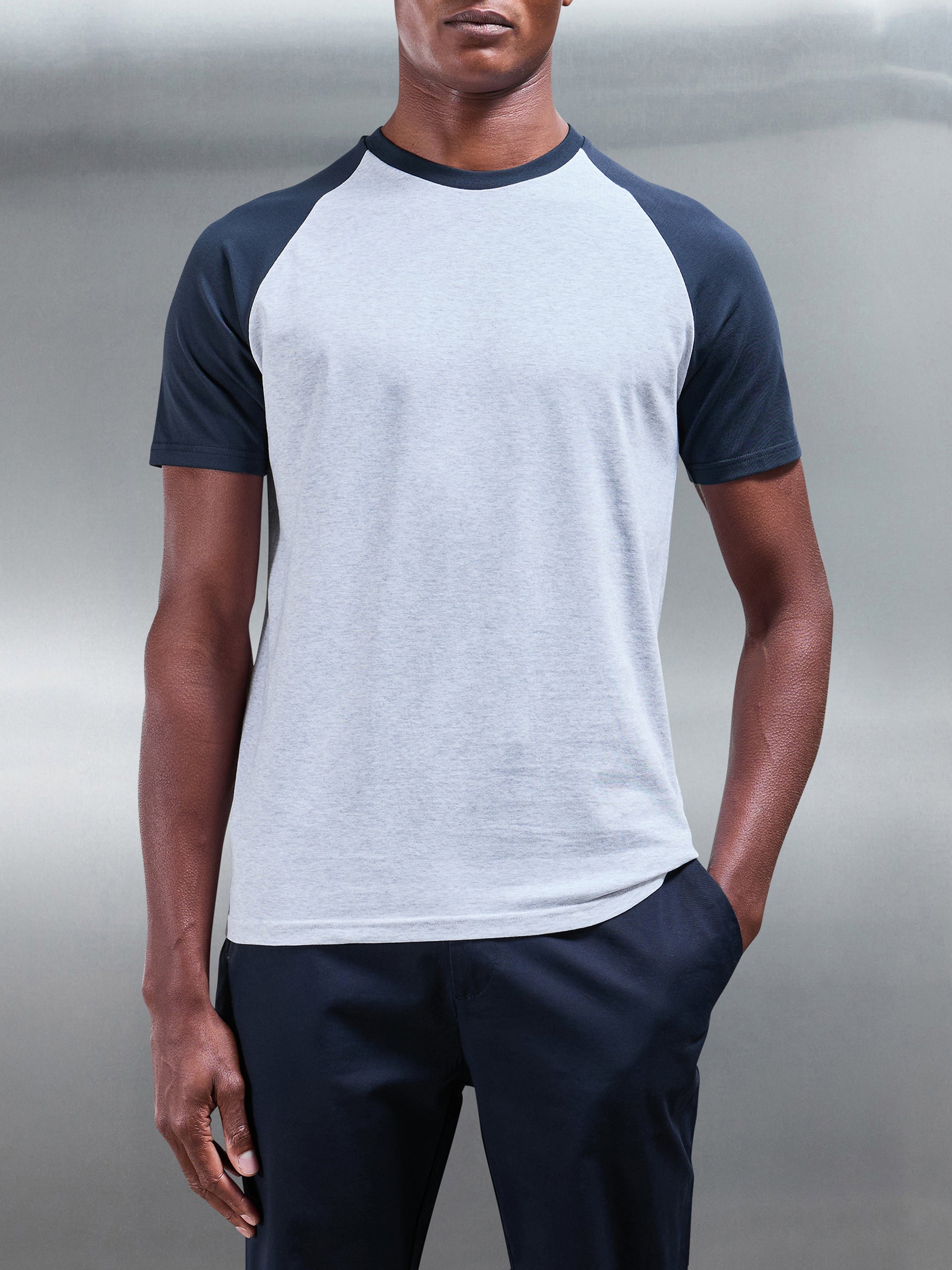 Raglan Slim Fit Stretch Cotton T-Shirt in Marl Grey