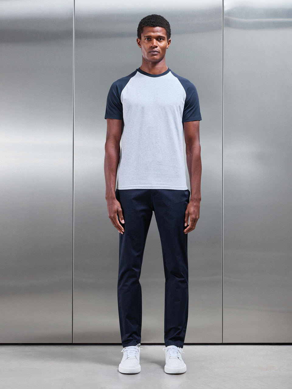 Raglan Slim Fit Stretch Cotton T-Shirt in Marl Grey