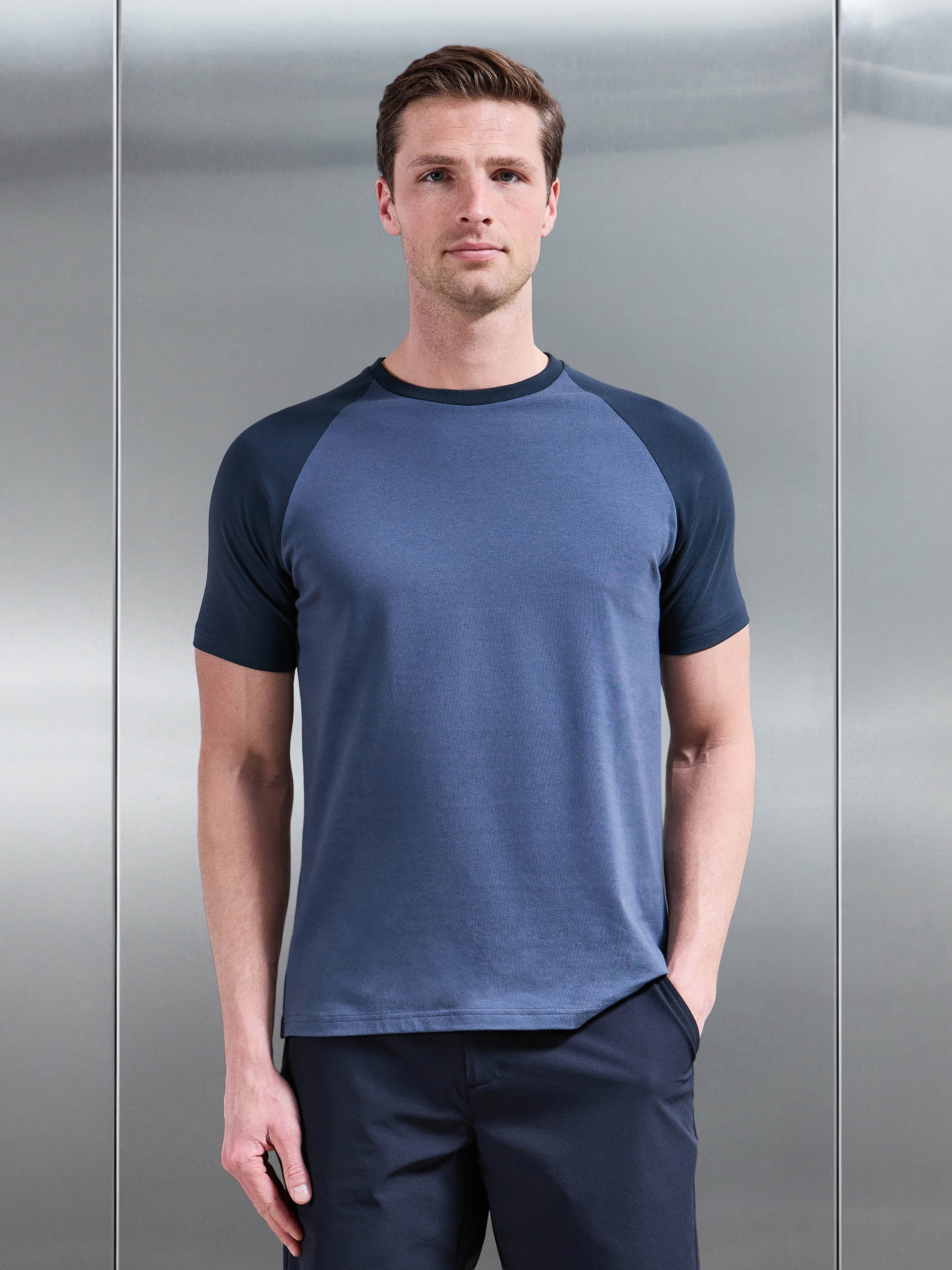 Raglan Slim Fit Stretch Cotton T-Shirt in Steel Blue Navy