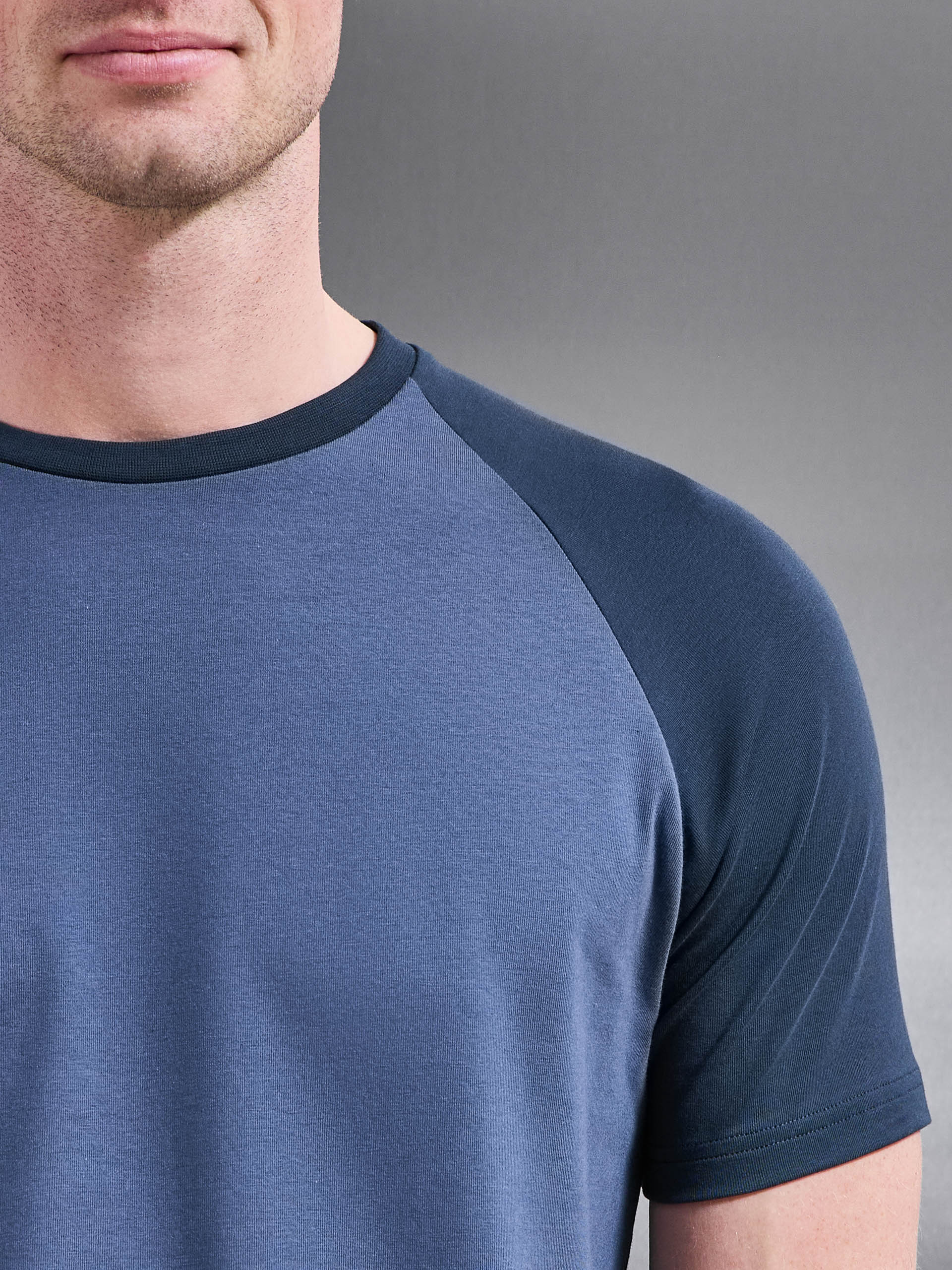 Raglan Slim Fit Stretch Cotton T-Shirt in Steel Blue Navy