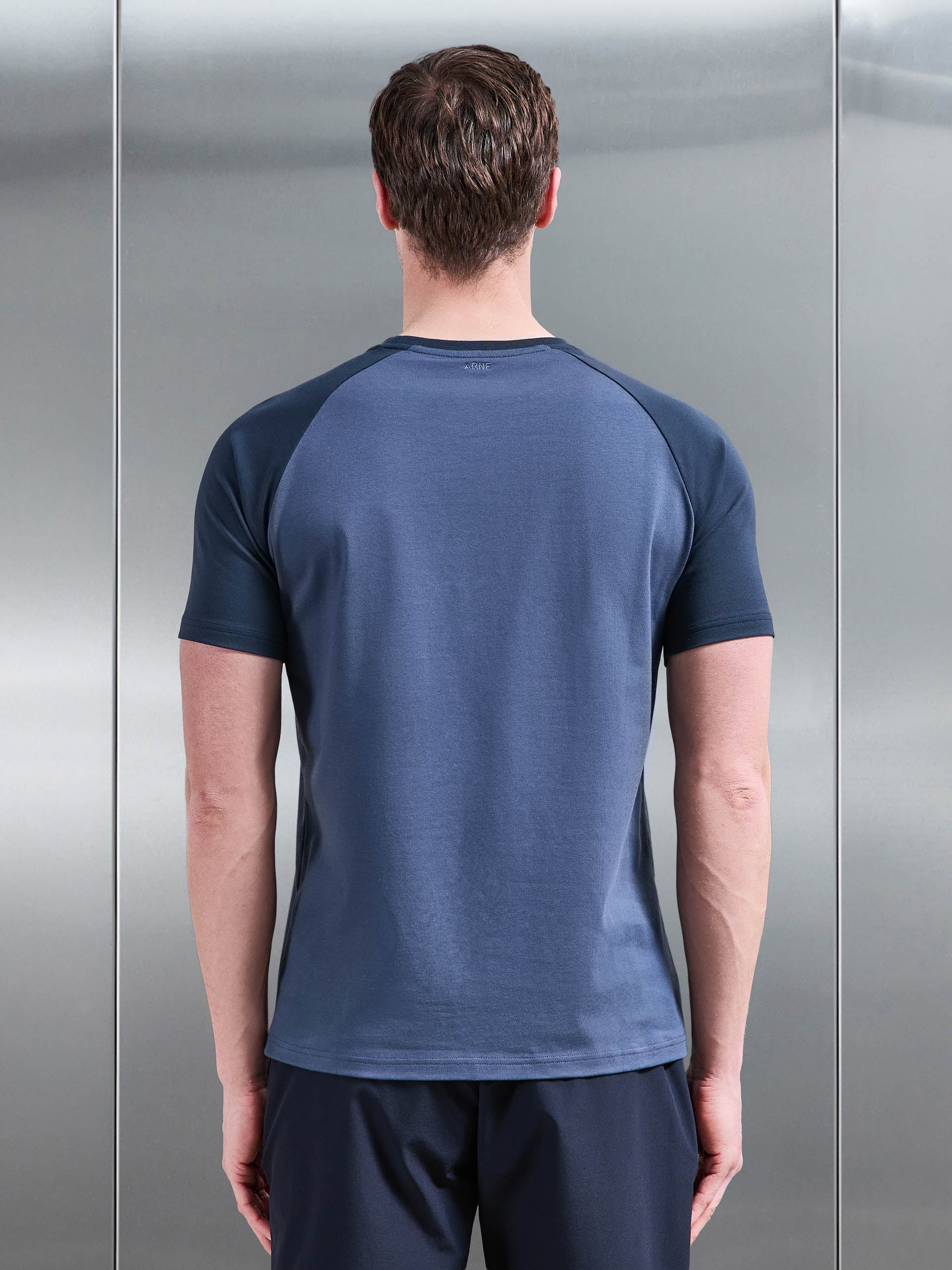 Raglan Slim Fit Stretch Cotton T-Shirt in Steel Blue Navy