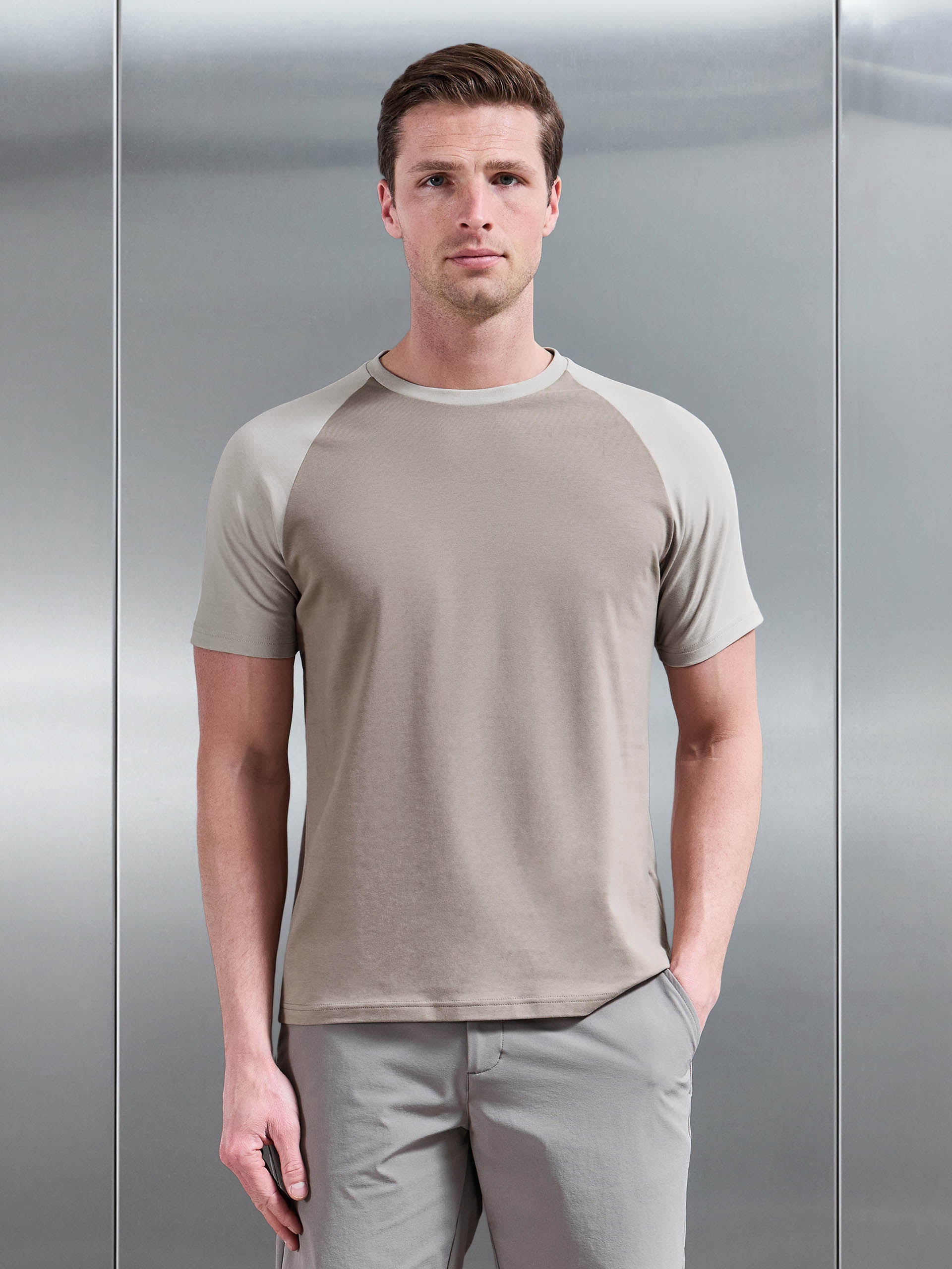 Raglan Slim Fit Stretch Cotton T-Shirt in Taupe Stone