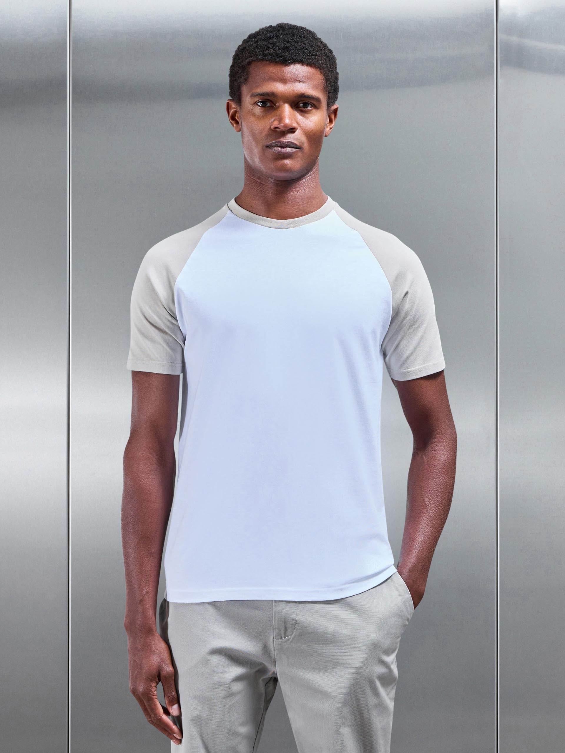 Raglan Slim Fit Stretch Cotton T-Shirt in White