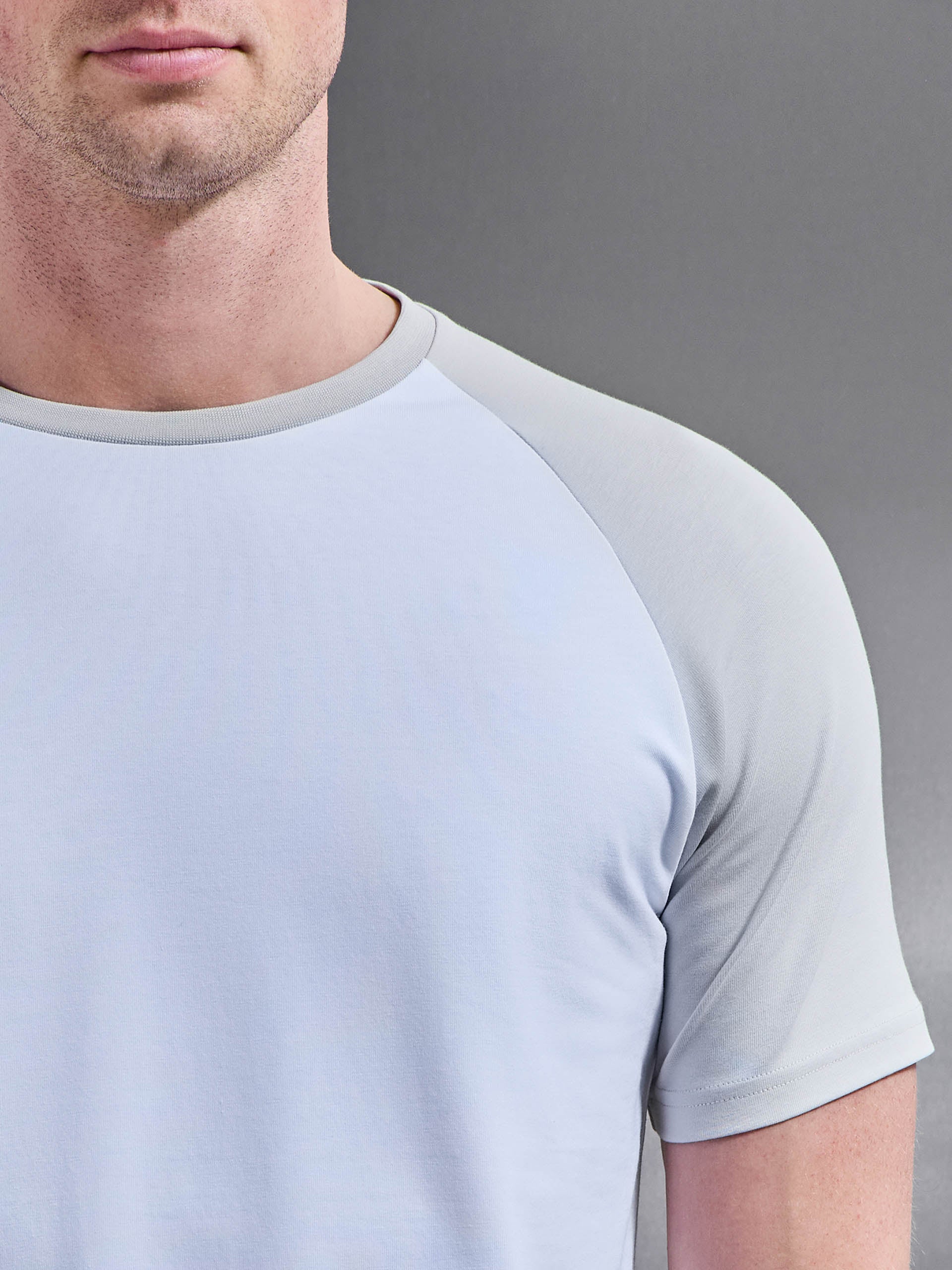 Raglan Slim Fit Stretch Cotton T-Shirt in White Mid Grey