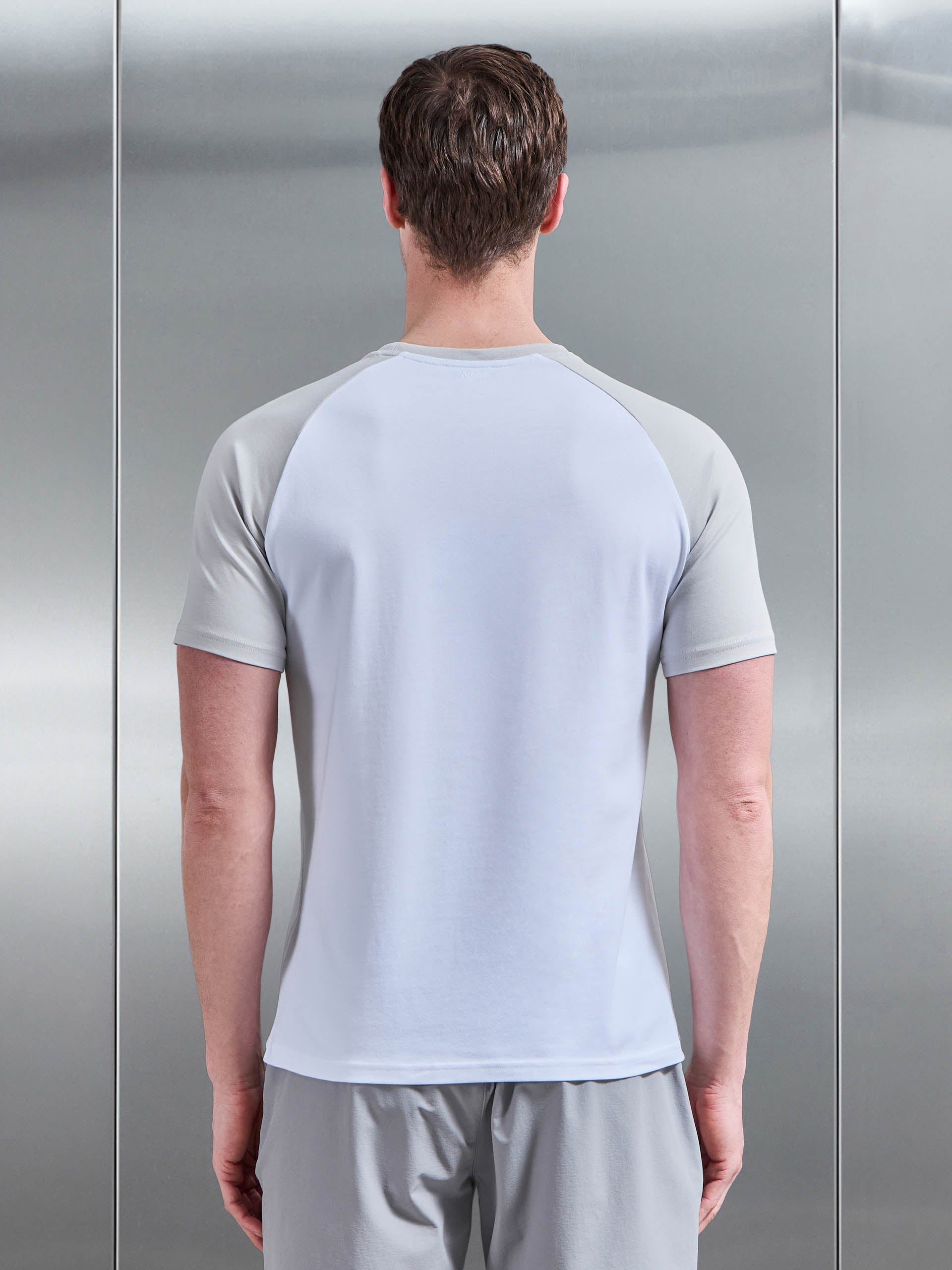 Raglan Slim Fit Stretch Cotton T-Shirt in White Mid Grey