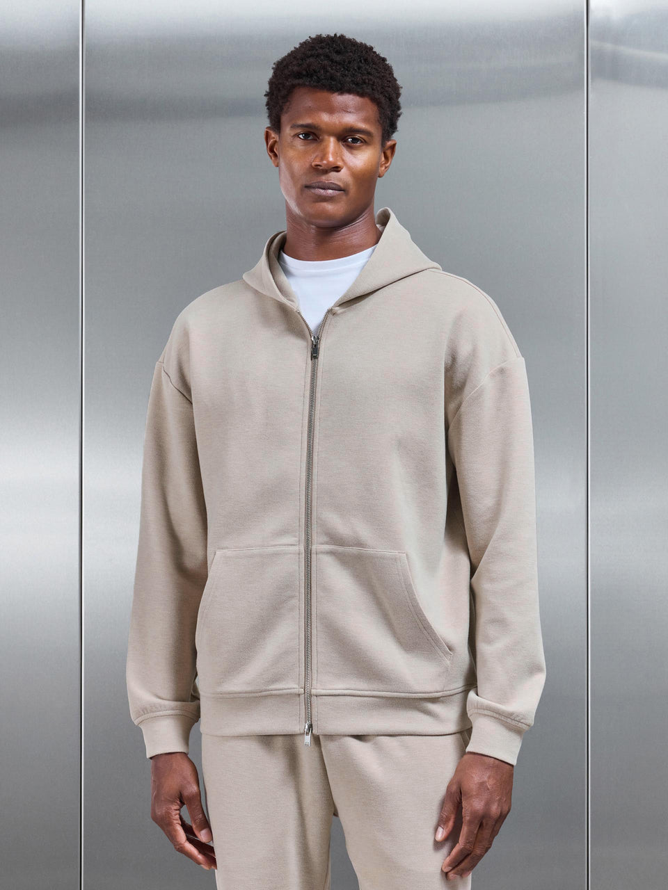 Relaxed Fit Knitted Zip Through Hoodie in Beige