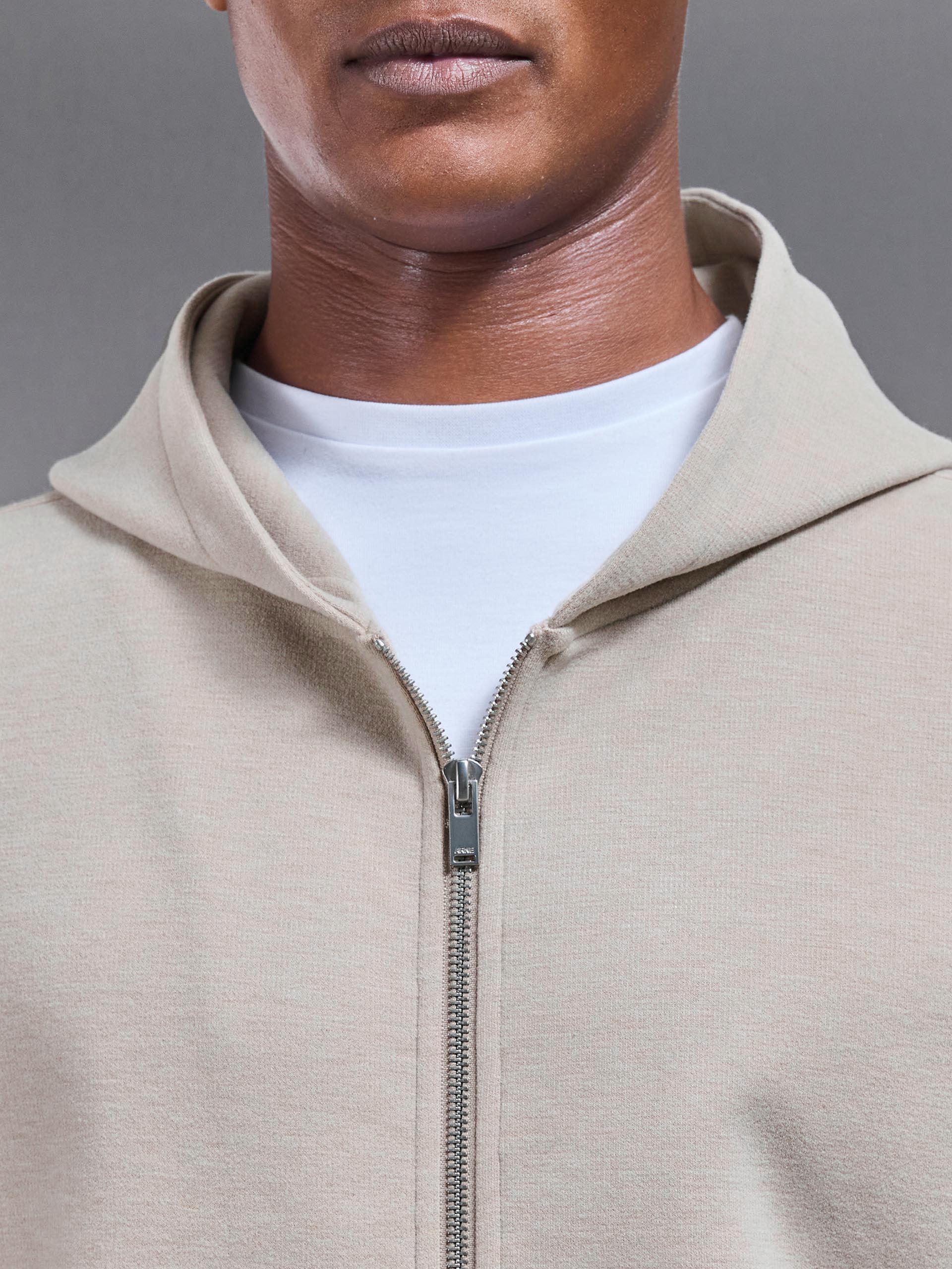 Relaxed Fit Knitted Zip Through Hoodie in Beige