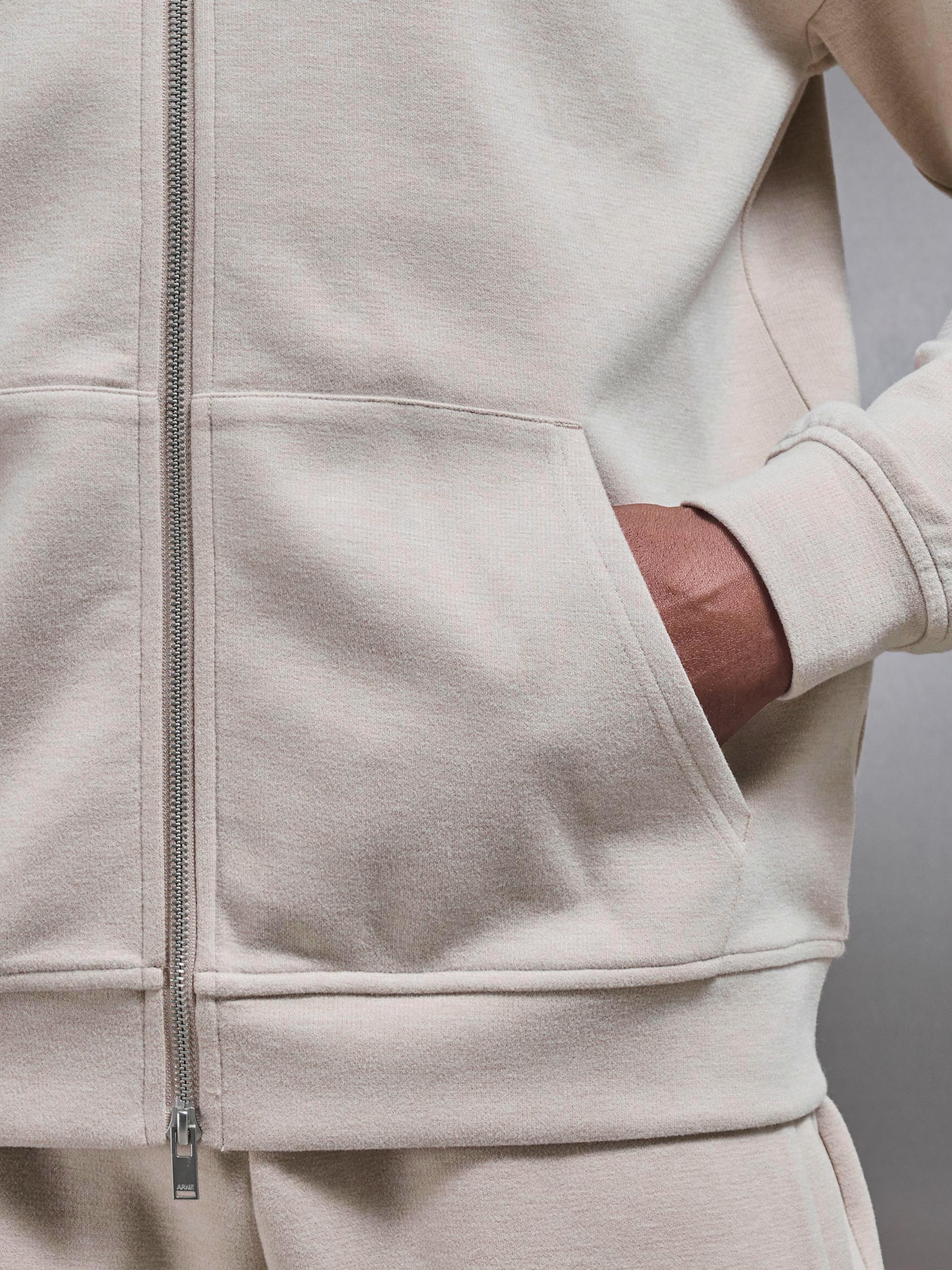 Relaxed Fit Knitted Zip Through Hoodie in Beige