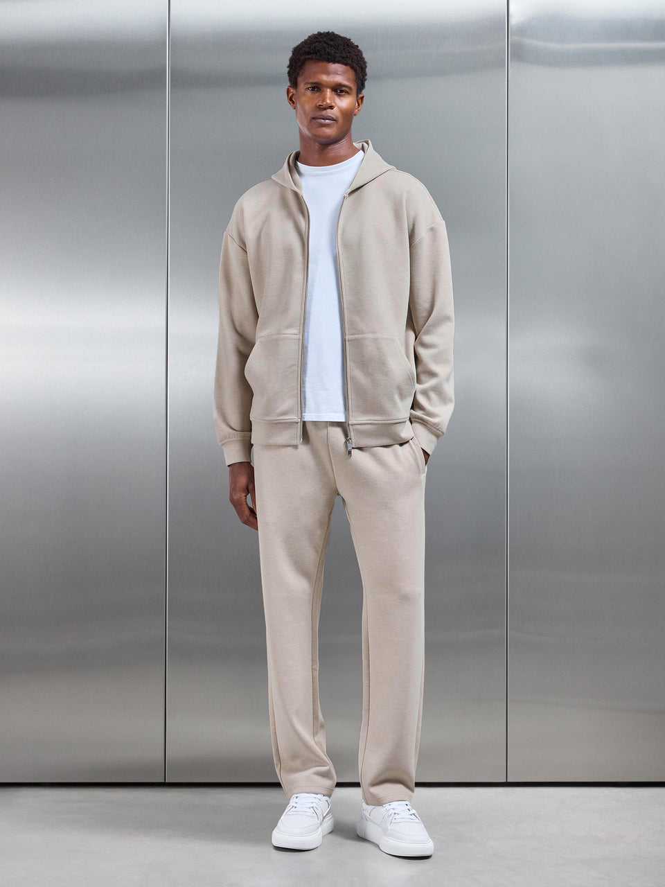 Relaxed Fit Knitted Zip Through Hoodie in Beige