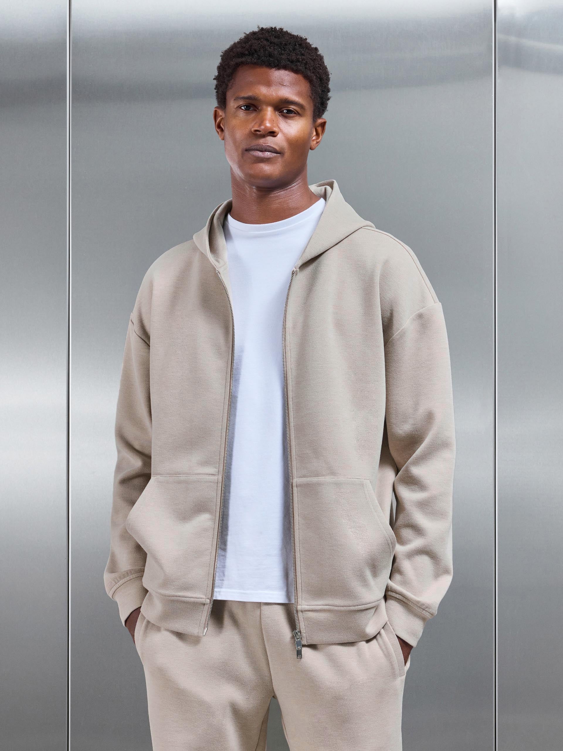 Relaxed Fit Knitted Zip Through Hoodie in Beige